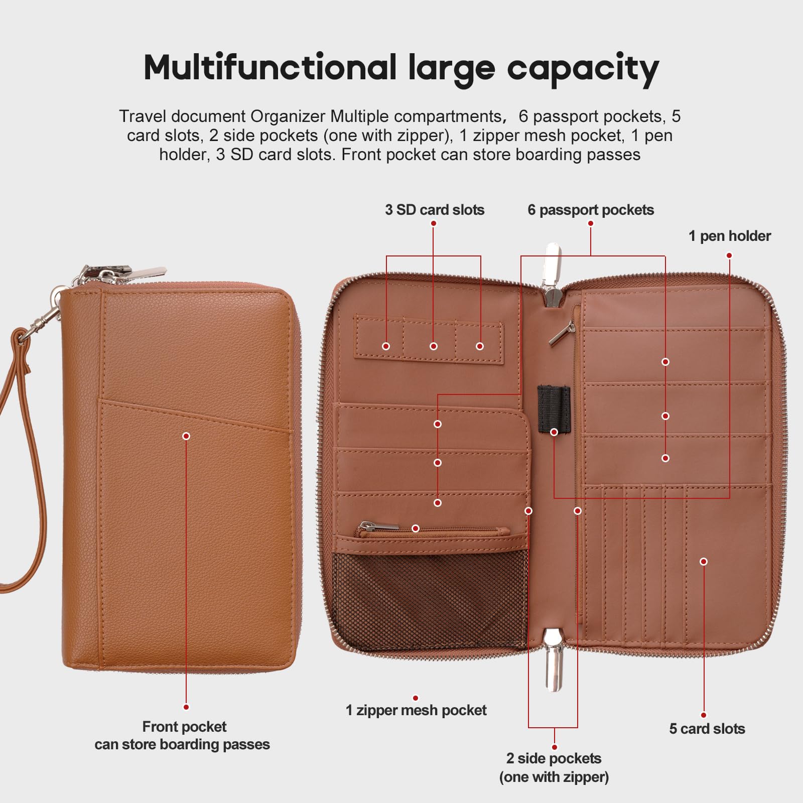 Porta passaporto di famiglia con blocco RFID, organizer per documenti da viaggio in pelle di alta qualità, per donne e uomini, portafoglio da viaggio per carte di credito, marrone, 22,7 x 14 x 2,7 cm
