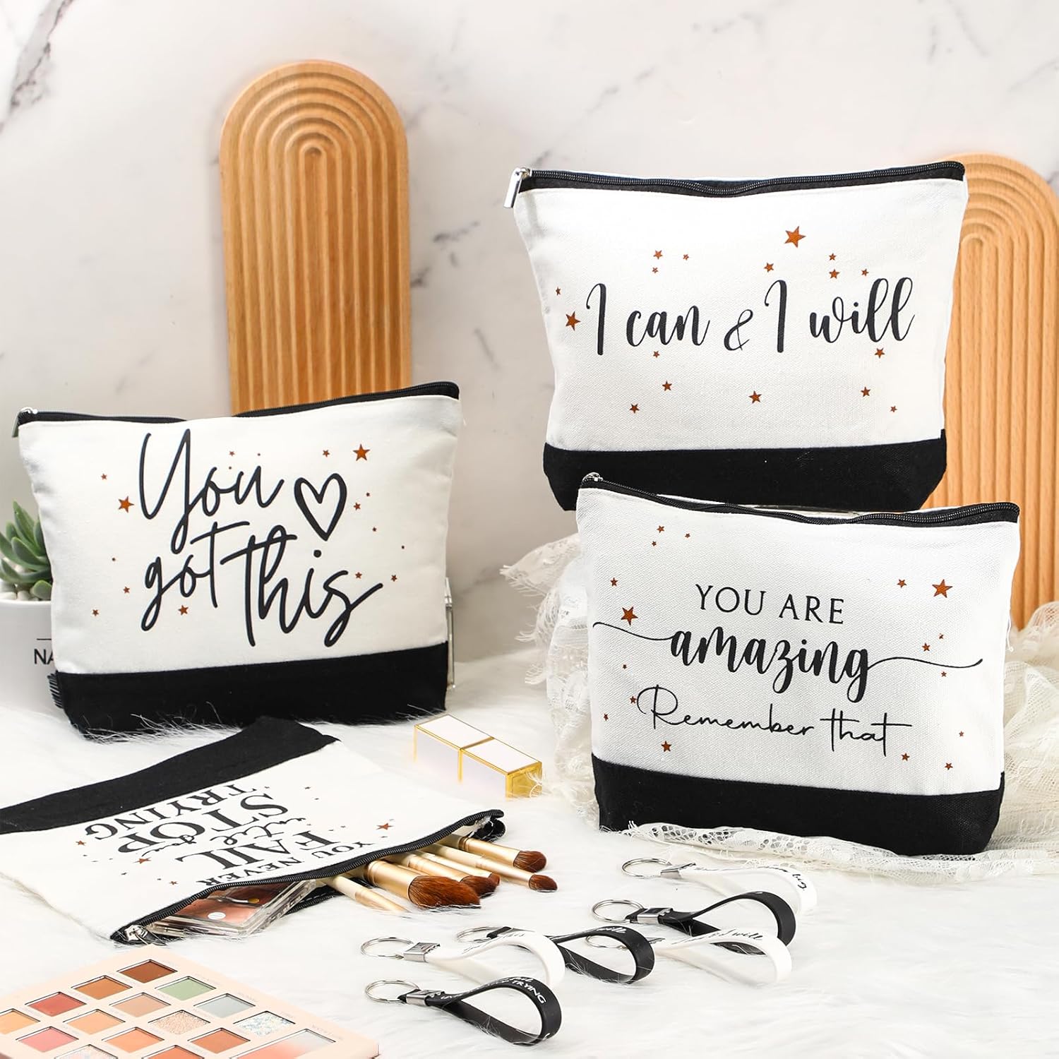 Sanwuta 48 Pcs Thank You Gifts for Women Makeup Bags Employee Appreciation Cosmetic Bags Canvas Keychains Appreciation Gifts for Coworkers Nurse Team Staff Volunteer(Stylish)