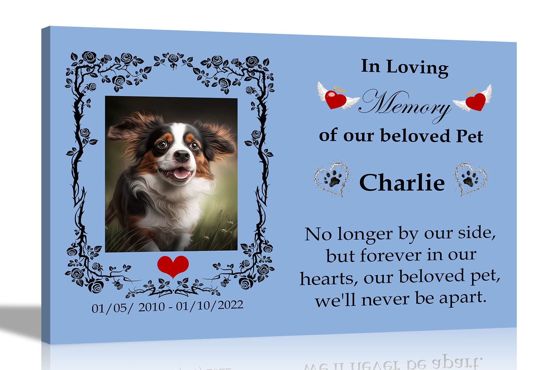 Artley Prints - Customisable Memorial Canvas Wall Art with Rose Border | Blue Framed Pictures | Pet Remembrance Sympathy Gift for Home Livingroom Bedroom Extra Large 101 x 76cm (40 x 30 in)