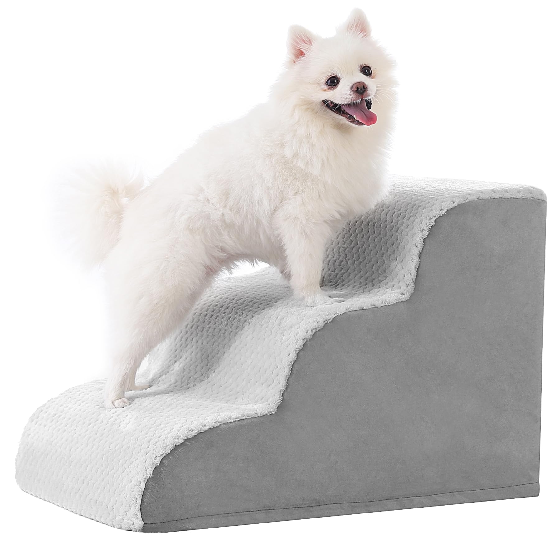 Dog Stairs Ramp, Curved 3-Step Dog Steps for Small Dogs and Cats, Pet Stairs for High Beds and Couch with Anti-Slip Washable Cover and Durable High Density Foam, Grey