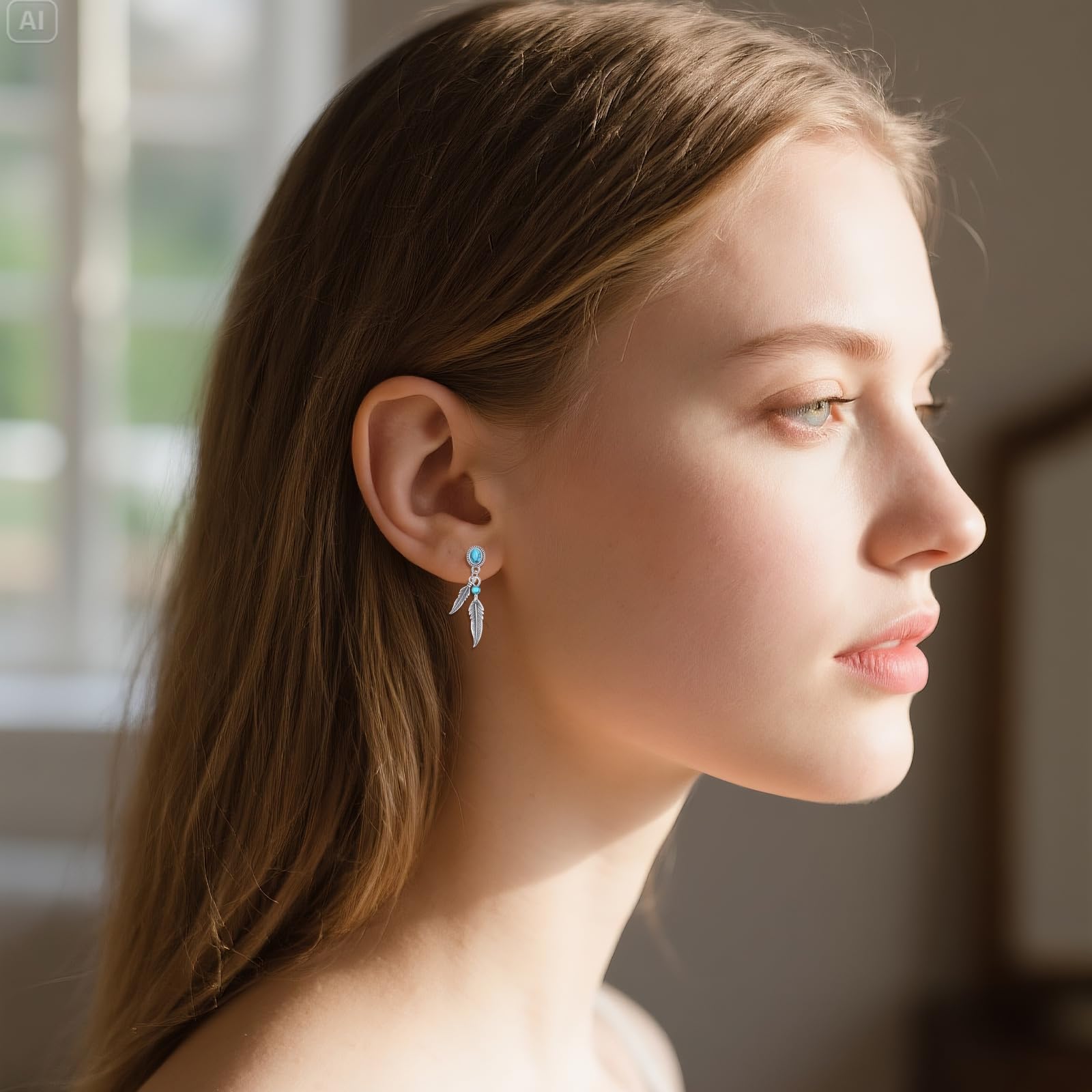 Pendientes de plumas turquesas de plata de ley 925, pendientes de plumas bohemias, joyería occidental para mujer