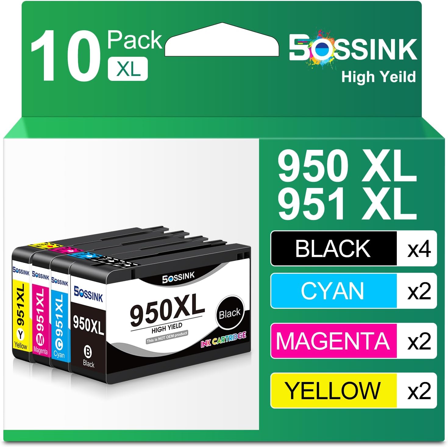 950XL 951XL Ink Cartridges Compatible for HP 950 951 950XL 951 XL Ink High Yield Work for HP OfficeJet Pro 8100 8600 8610 8615 8620 8625 8630 Printers (10-Pack, 4BK2C2M2Y)