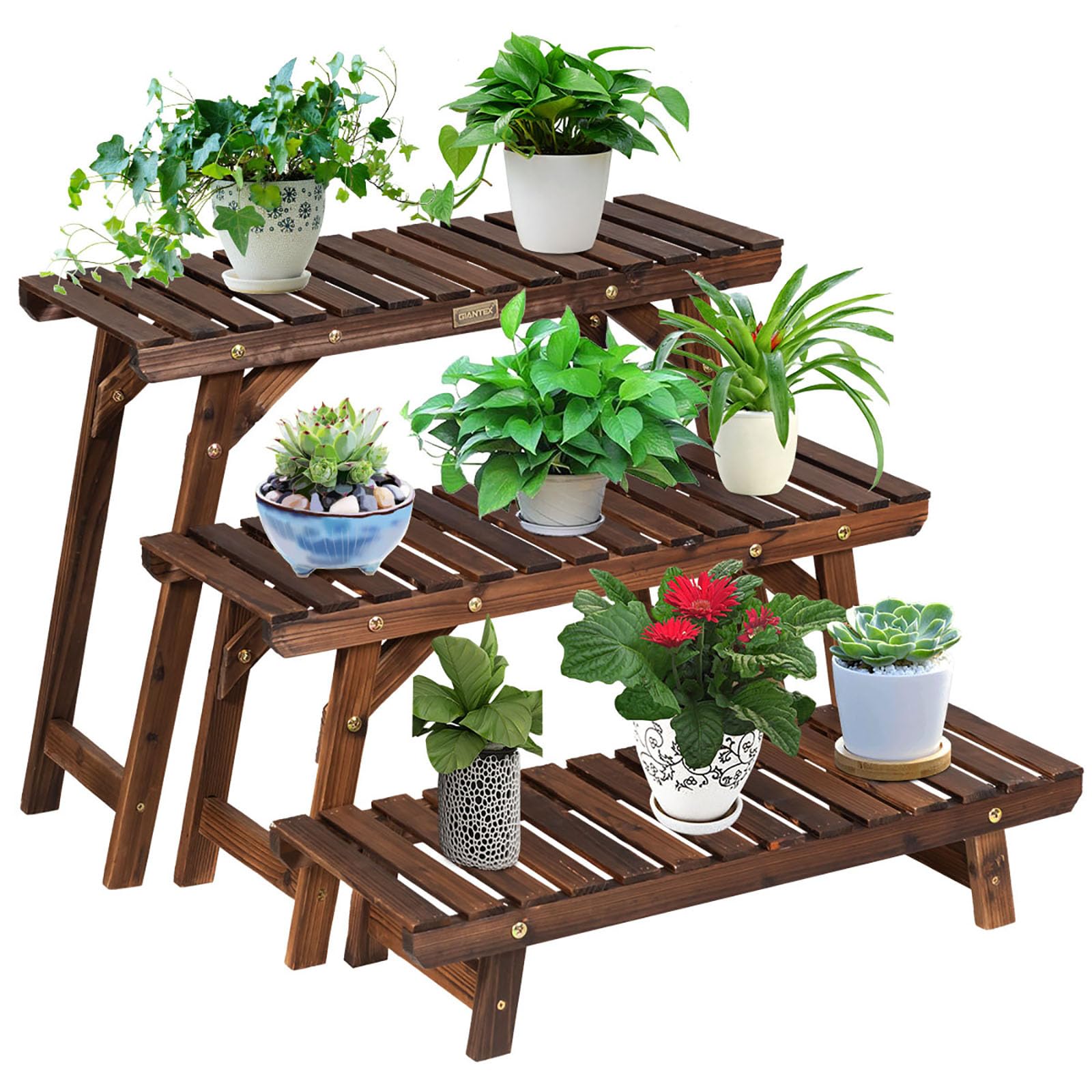 COSTWAY 3tlg. Blumenständer Holz, pflanzenständer Blumenregal, 14/34/53 cm hoch, Blumenbank freistehend, Blumentreppe Balkon Garten, Pflanzenregal Holzregal, Leiterregal Indoor Outdoor, Natur