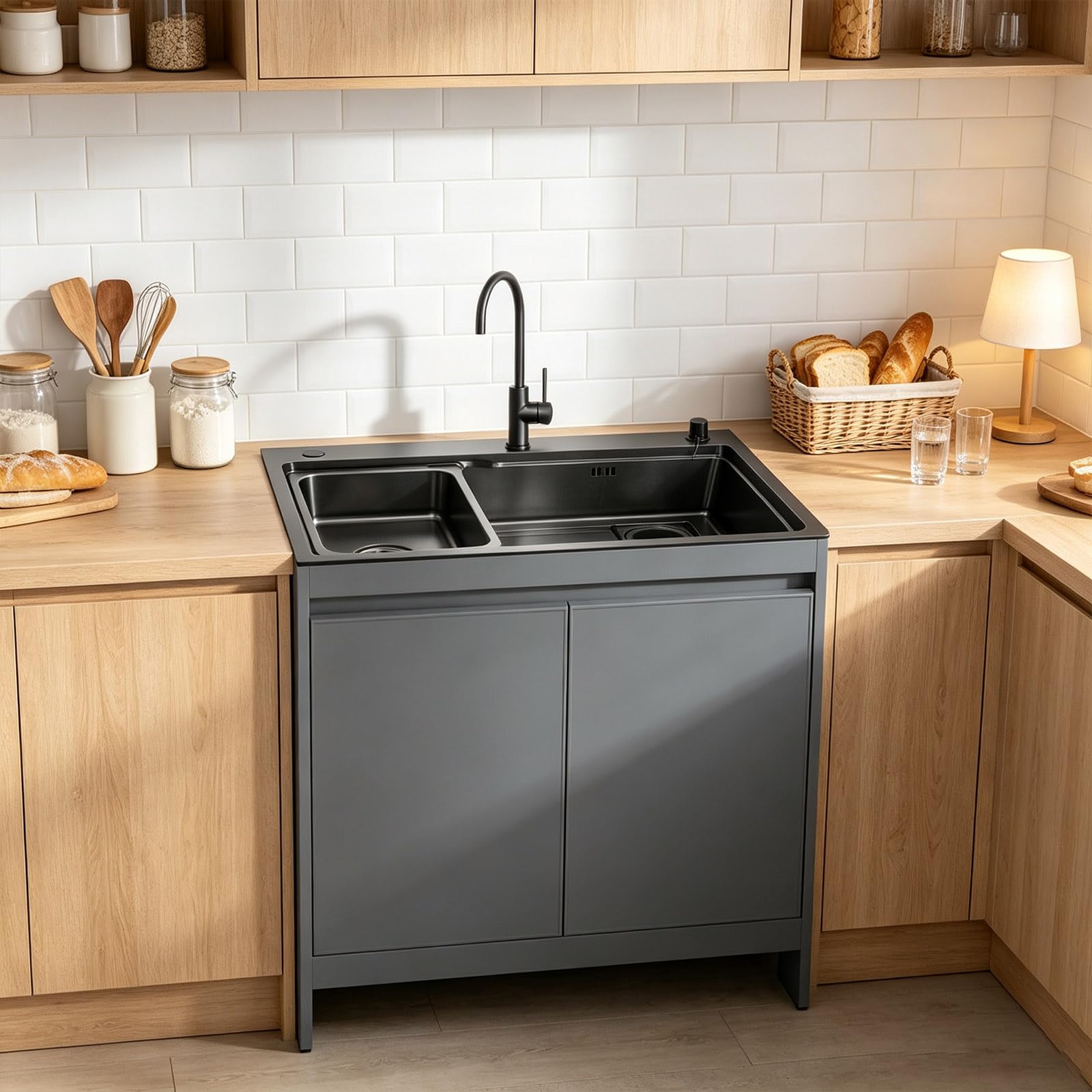 Lavabo Resistente con Mobiletto Alluminio a Nido d'Ape, Lavello Inox per Garage, Lavanderia e Postazioni Barbecue Esterne