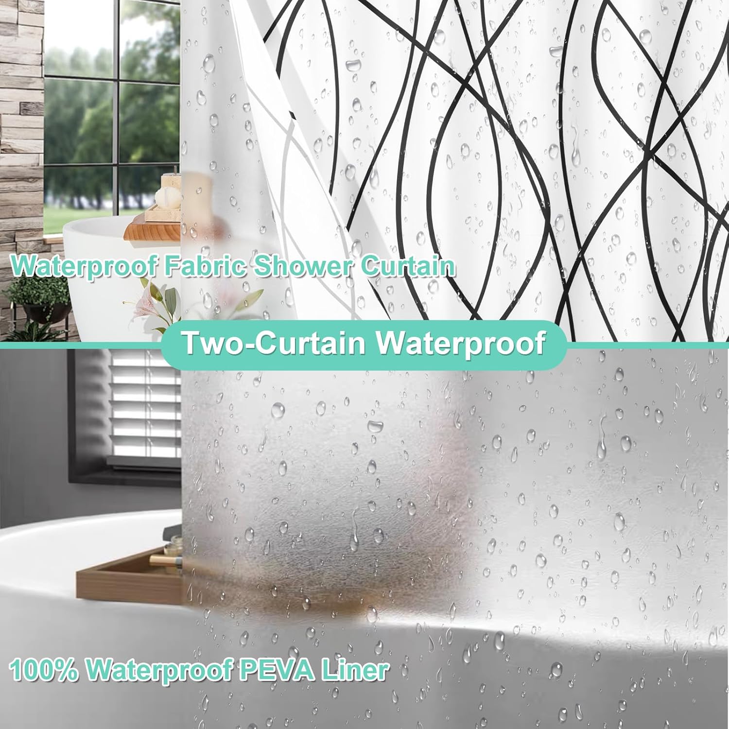 ORTIGIA 3 in 1 Shower Curtain and Clear PEVA Liner Set with 12 Rust Proof Double Sided Metal Shower Curtain Hooks, Striped Shower Curtain Waterproof for Bathroom 72 Wx72 H (Charcoal)