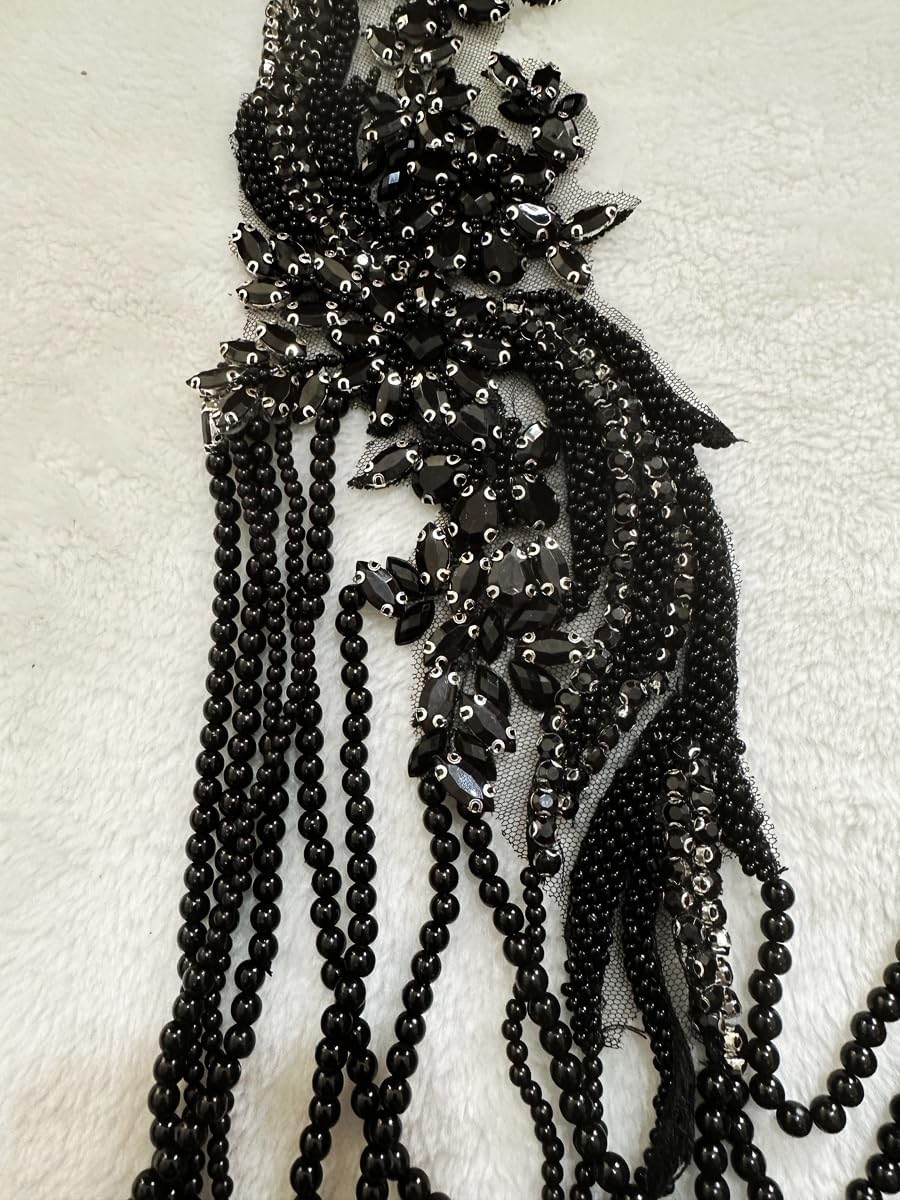 Handmade Rhinestone Fringe Patch Trim Crystal Beaded Applique for Sewing Crafts Wedding Party Decoration Bridal Dress Accessories 4.7X19.6inches (Black)