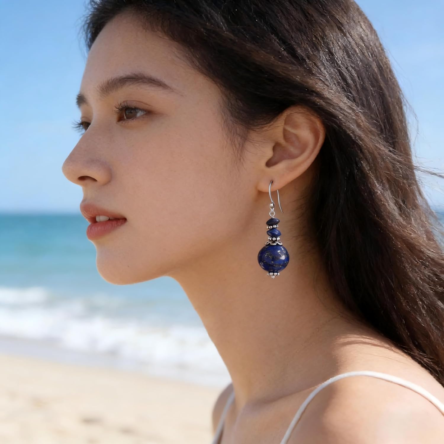 Lapis Lazuli Earrings Navy Blue Crystal Drop Earrings for Women Natural Stone Round Bead Dangle Earrings Fashion Jewelry Gift