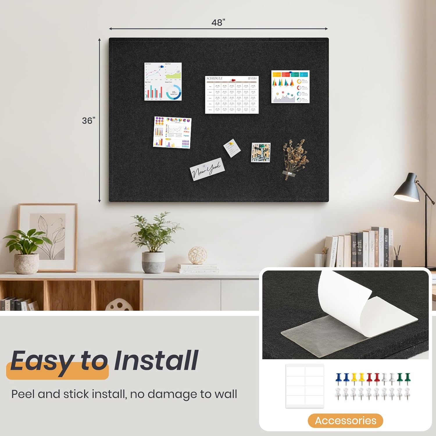 Large Bulletin Board, 48" x 36" Foldable Felt Cork Board Alternative for Wall, 4' x 3' Decorative Pin Vision Board for Home Office School with Self-Adhesive Tape, 20 Push Pin - Black