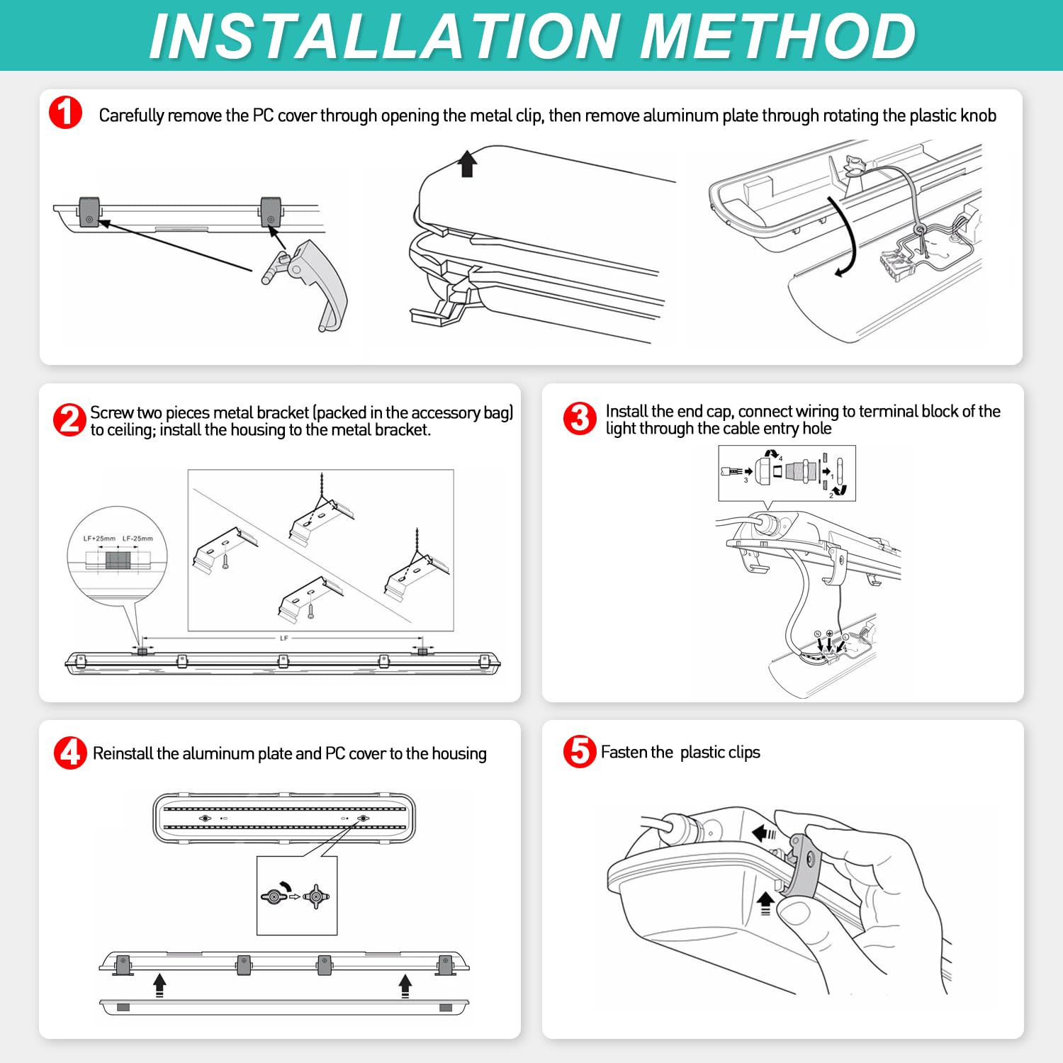4FT LED Vapor Tight Light 3CCT 3-Wattage Selectable 40W 50W 60W 5200LM IP66 Waterproof Vapor Proof Fixture 100-277V — view 7