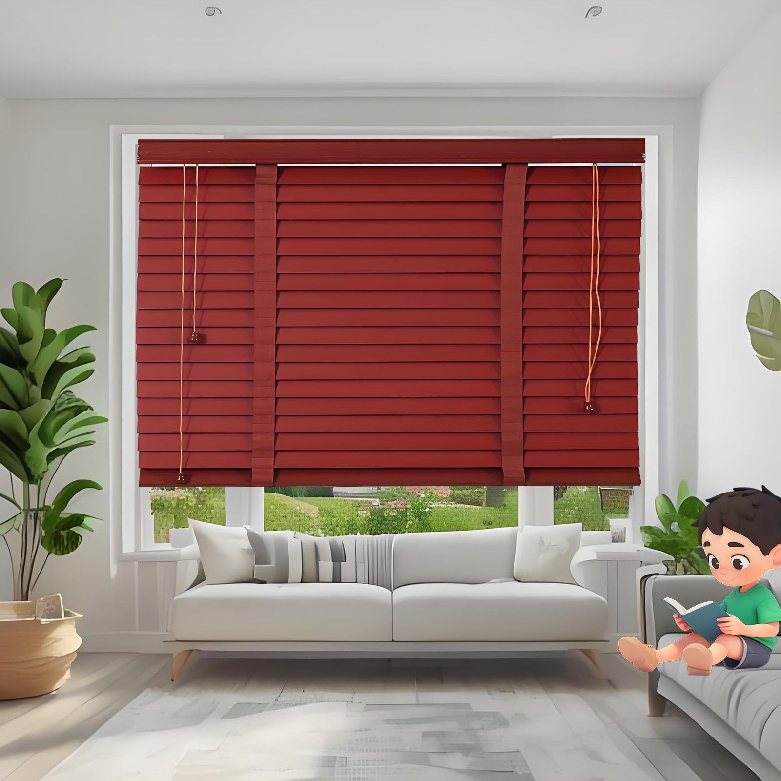 Window Blinds Faux Wood 2 Inch Blinds Cordless Blackout Privacy Shades for Indoor Windows Light Control Inside/Outside Mount 20 24 32 36 40 48 56 64 66 70 Inch(Wine red)