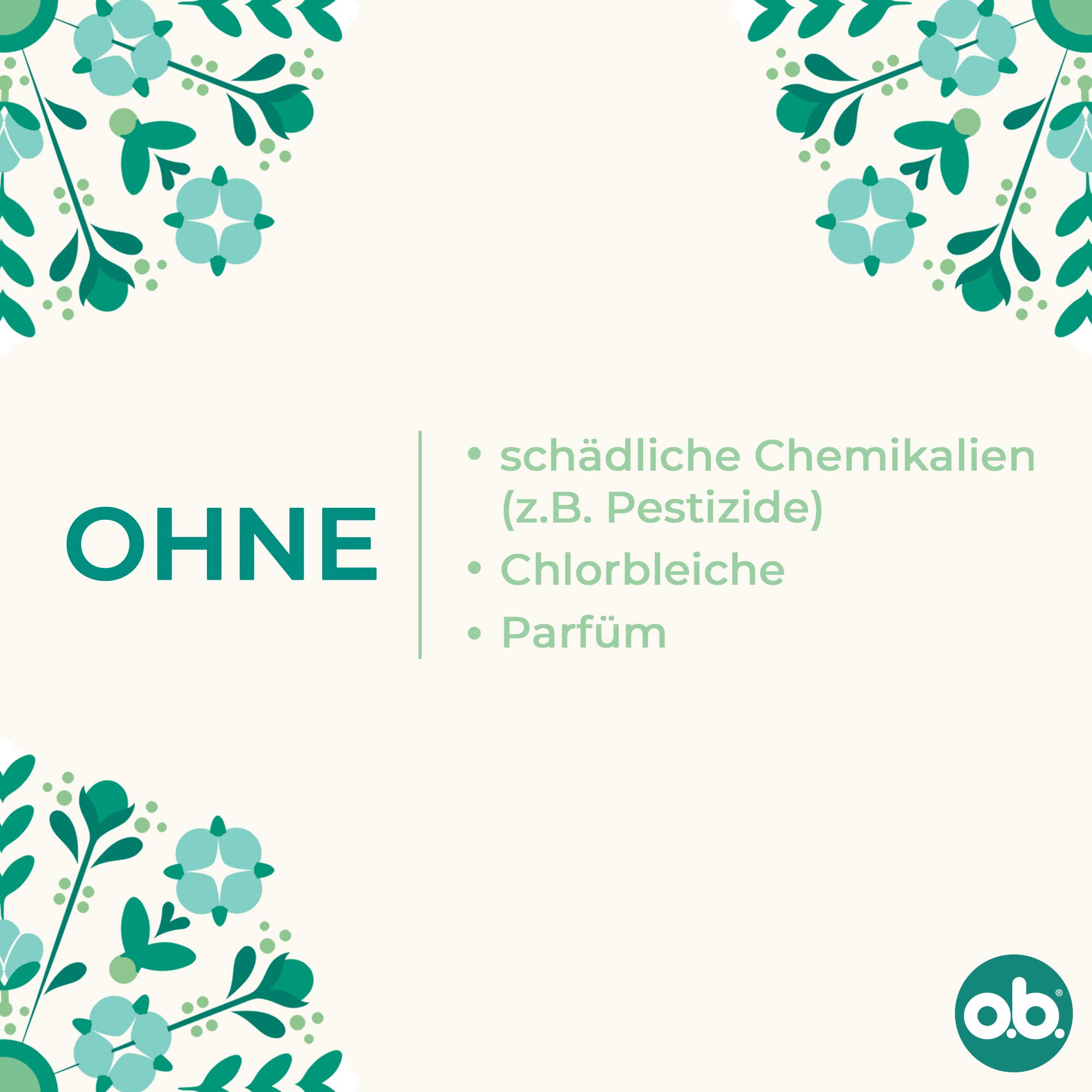 o.b. Organic Normal (16 sztuk), tampony ze 100% bawełny ekologicznej z łukowatymi rowkami na średnie/mocniejsze dni, zapewniają niezawodną i naturalną ochronę podczas okresu