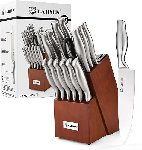 Miniatura 8 de Juego de cuchillos de cocina de 15 piezas con afilador integrado, juego de bloques de cuchillos de acero inoxidable alemán, apto para lavavajillas