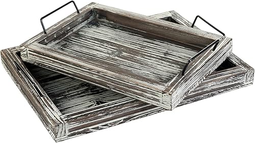 MyGift - Juego de 2 bandejas rectangulares con asas de metal, acabado rústico de madera blanca