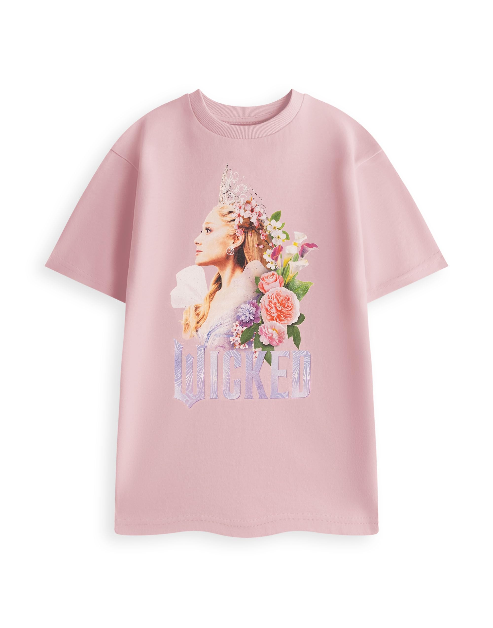 Wicked Women's Pink Glinda Floral Short Sleeved T-Shirt | Crew Neck Graphic Tee | Movie Merch For Casual Wear | Lightweight Top Design | Top Merch - Small