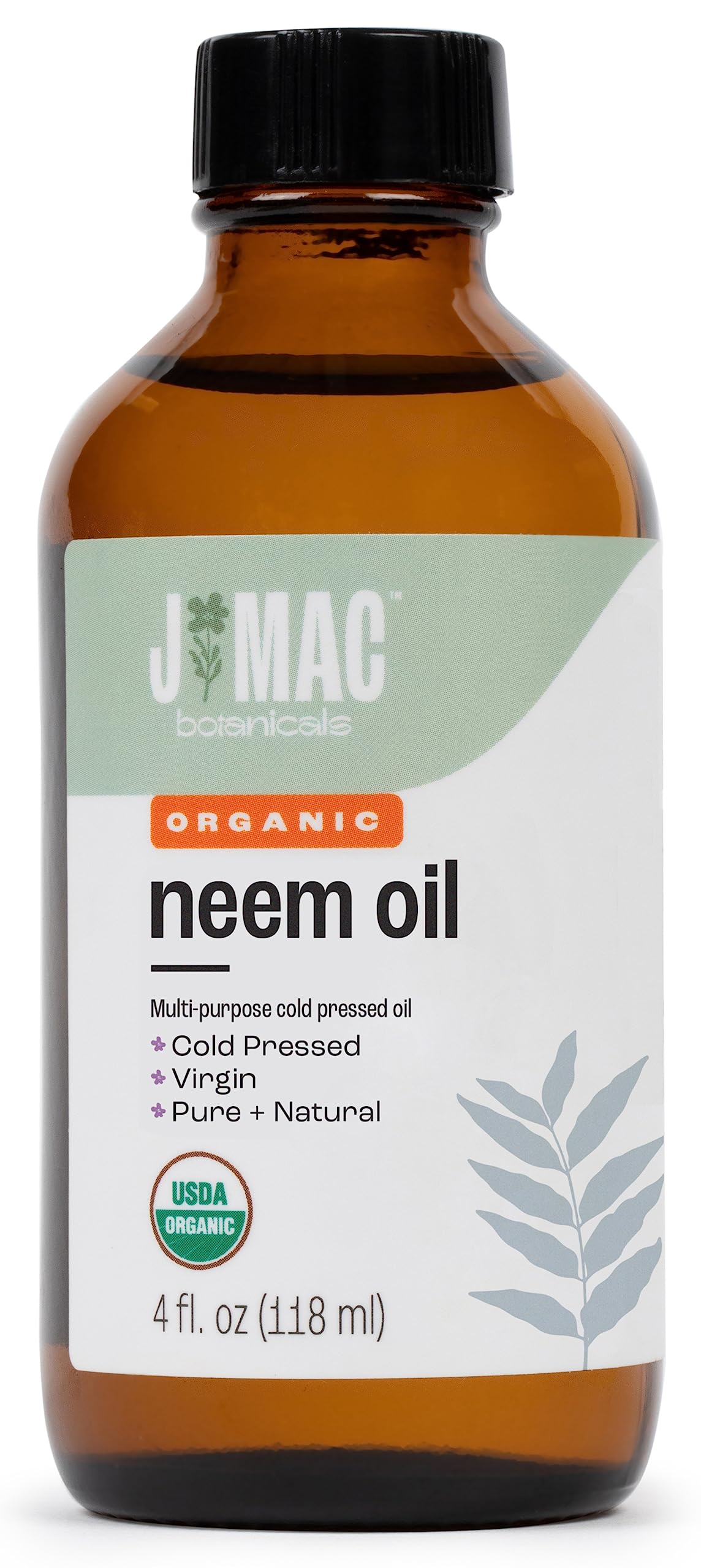 J Mac Botanicals, Organic Neem Oil for Skin (4 oz Glass Bottle NO Dropper), 100% Organic Oil Pure Concentrate Undiluted, Oil for Hair, Essential Oil, Cold Pressed Oil for Plants