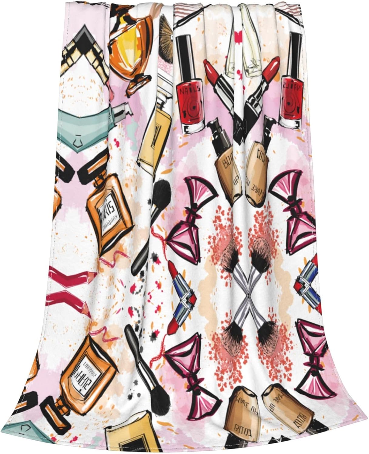 Cosmetic and Makeup Theme Blanket Comfort Print Flannel Throw Blanket, Daughter Mom Friend Aunt Girlfriend for Couch Sofa Chair Bed Office Adults Women Girl Decorative Gift 50"x 60"