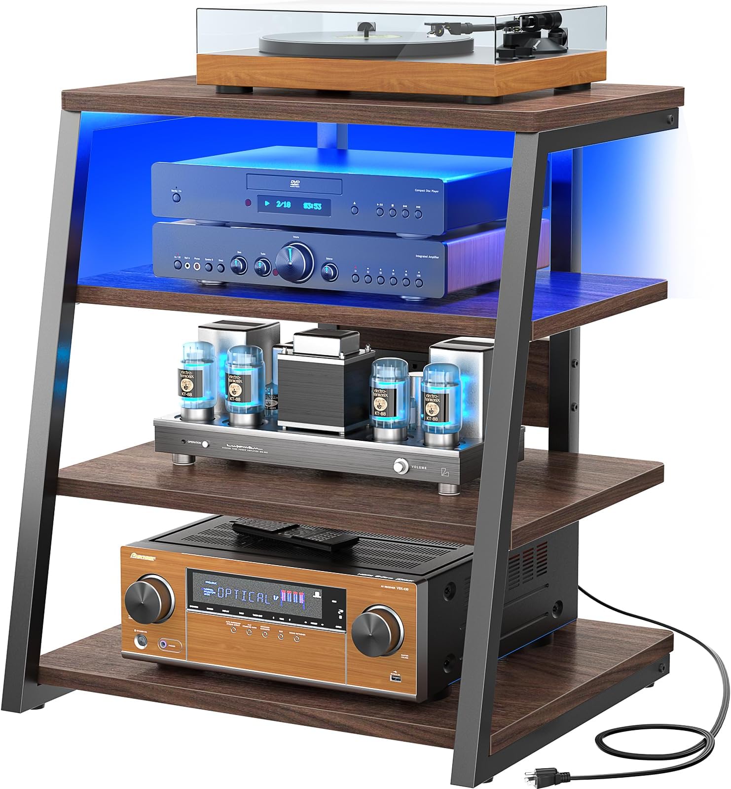 Armocity 4-Tier AV Media Stand with Power Strips, Corner TV Stand with LED Lights, Rack Audio Tower with Adjustable Shelves, Corner Entertainment Center, 30'', Black Walnut