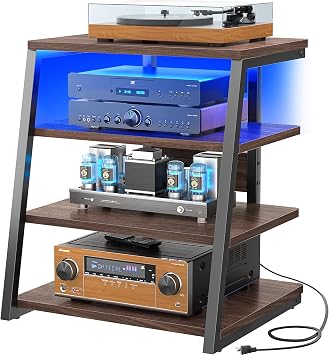 AV Media Stand, Stereo Stands and Racks Small Entertainment Center | Corner Shelf Stand with Power Strip & LED Lights, Audio Tower HIFI Rack Stereo Shelf CRT TV Stand, 4 Tier, Black Walnut