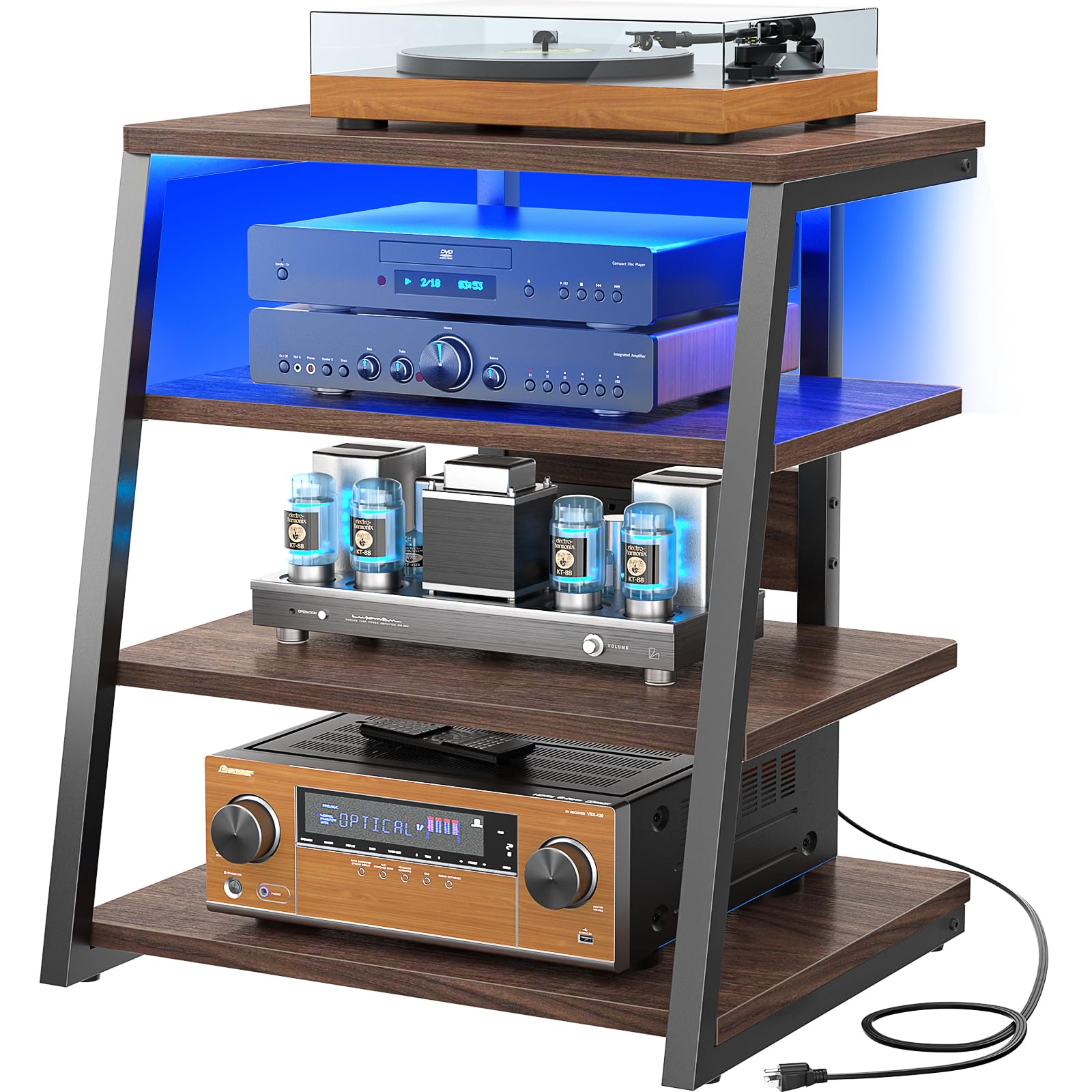 Armocity 4-Tier AV Media Stand with Power Strips, Corner TV Stand with LED Lights, Rack Audio Tower with Adjustable Shelves, Corner Entertainment Center, 30'', Black Walnut