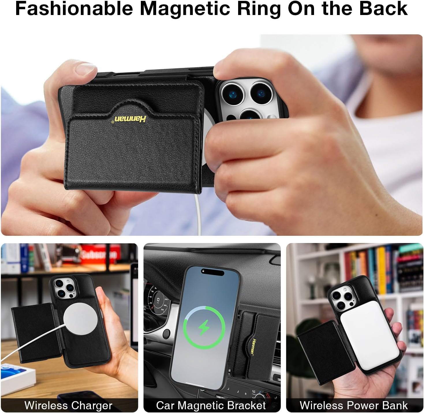 Hanman for iPhone 16 Wallet Case with Card Holder,Microfiber PU Leather Kickstand Card Slots Case,Unique Lightweight Magnetic Wallet Protective Case for iPhone 16-Black