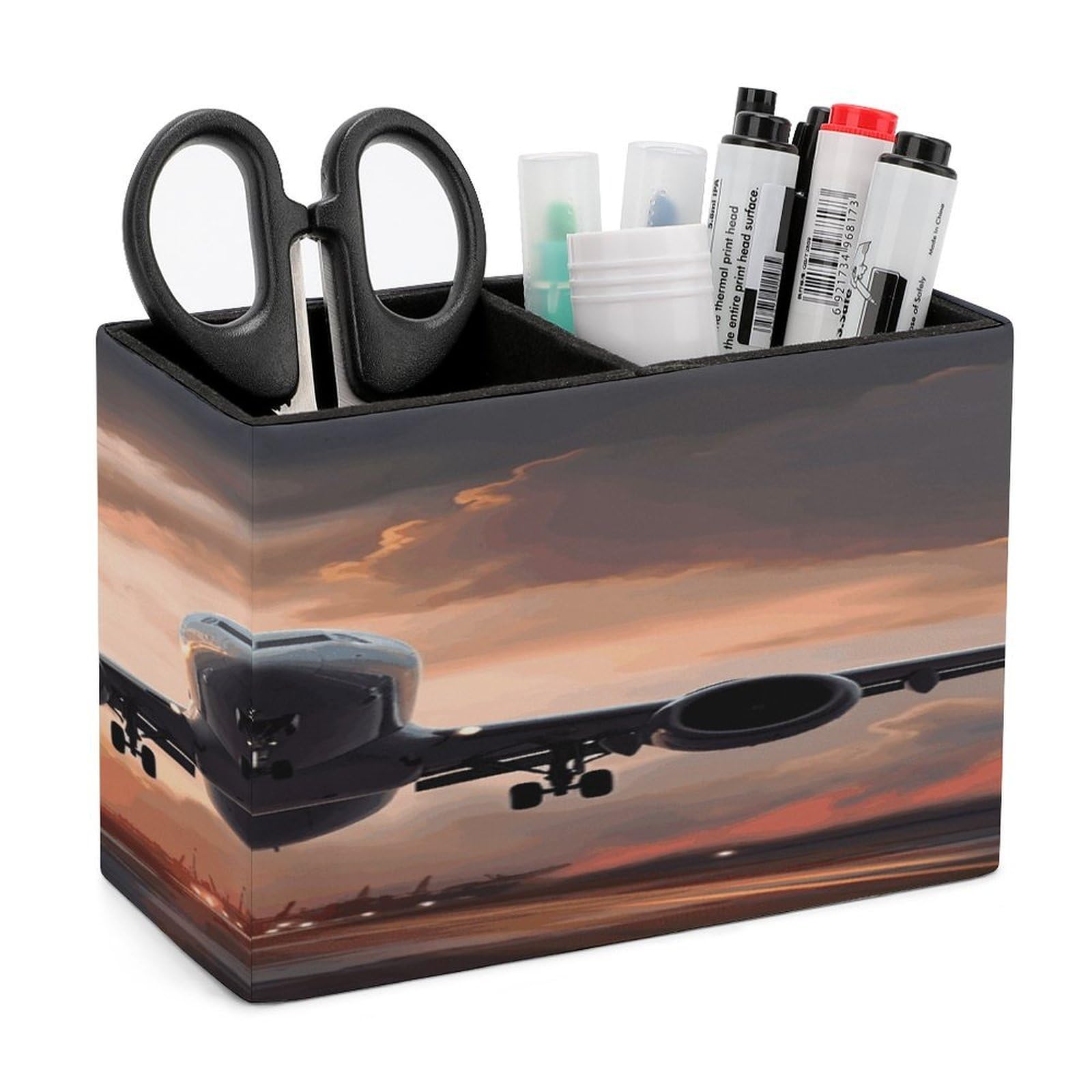 VstaDank Airplane Art Pencil Holder for Desk(Double Slots) Fashion Leather Pencil Cup Simple Rectangular Shape Pen Holder Multi-Functional Pen Cup for Home Office Supplies Storage
