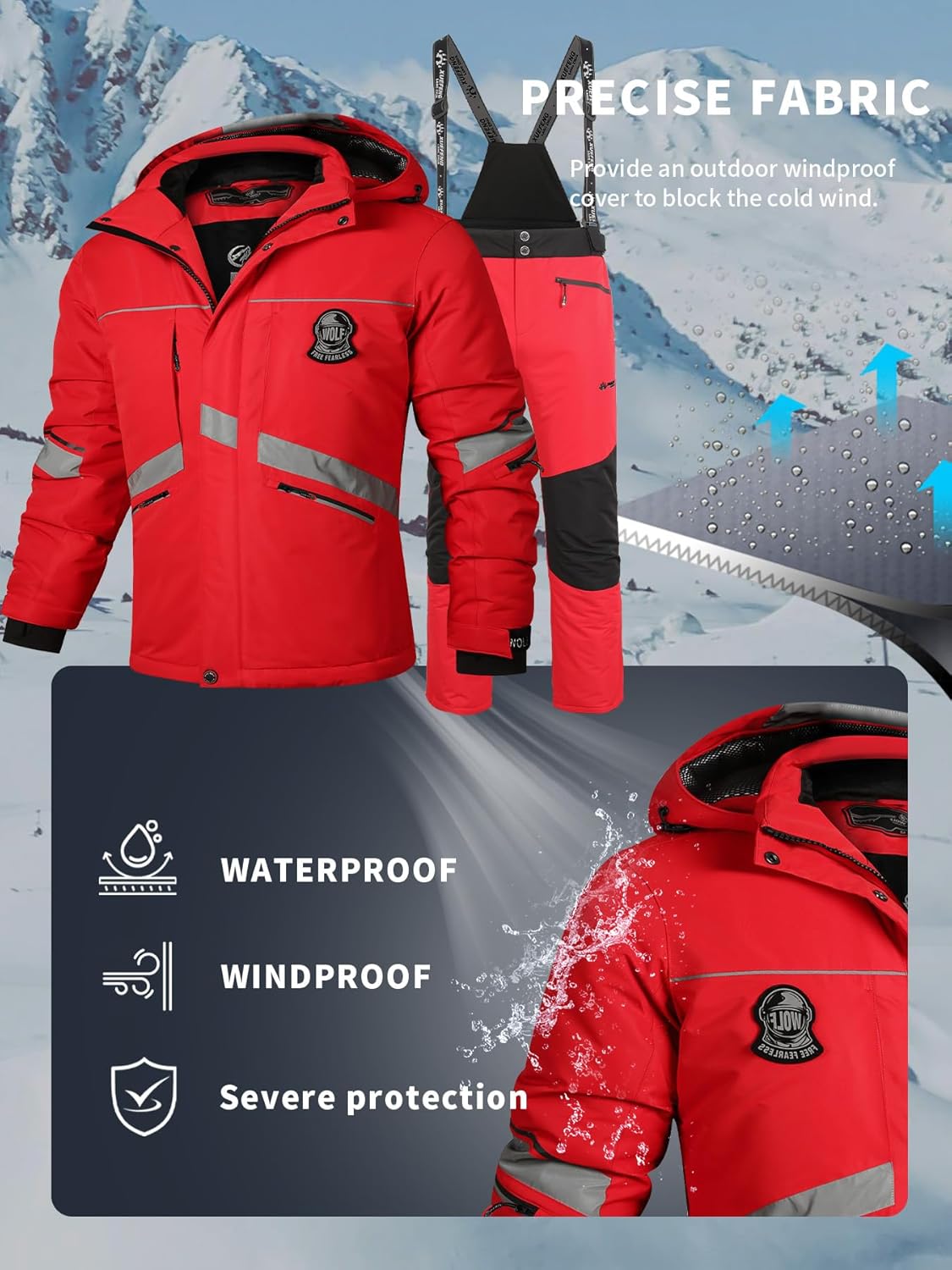 Men's Reflective Ski Suit Set, Windproof Waterproof Thickened Jacket & Bib Pants, Ideal for Outdoor Hiking & Winter Sports