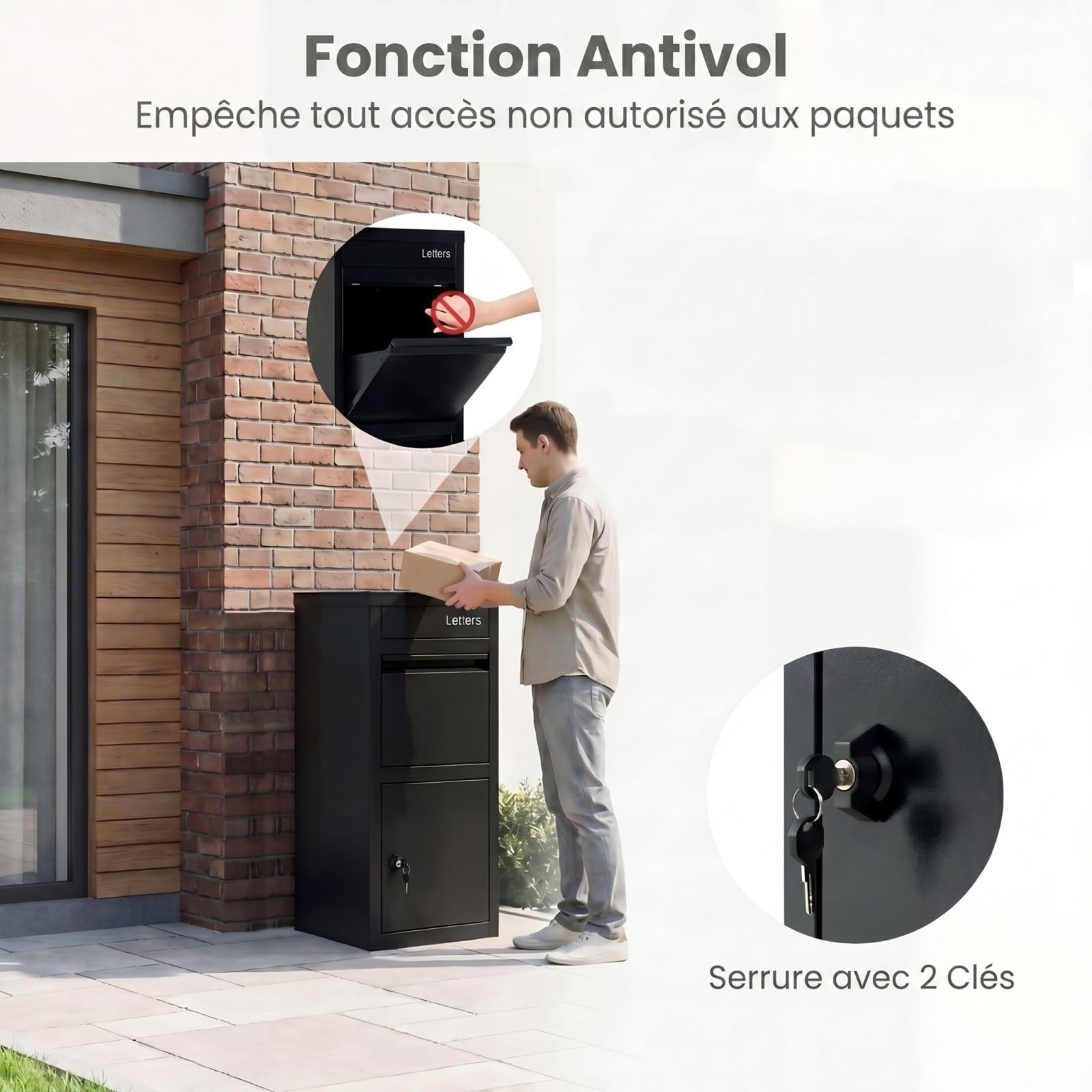 GYMAX Boîte à Colis Lettres 41 x 38 x 102 cm, Verrouillable Antivol, Coussin Amortisseur Intégré, Étanche en Métal Galvanisé, pour Exterieur, Maison, Porche, Bord de Route