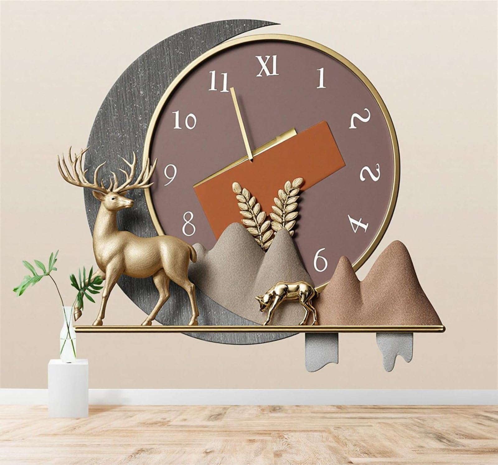 XLMING Minimalist Creative Golden Deer Clock Mountains 3D Wallpaper Silky Texture Home Study Office Grey Dining Room Sofa Bedroom Living Room TV Backdrop-430cm×300cm