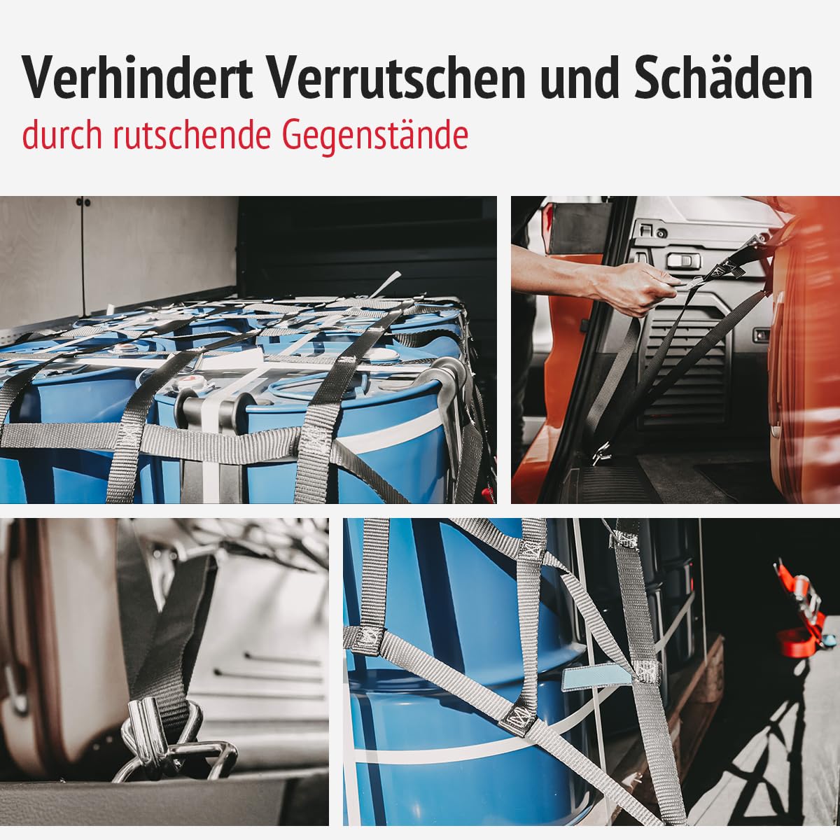 Gurtbandnetz 1775 x 1250 mm für Minivan, Anhänger und Kleintransporter | Ladungsnetz aus PES-Gurtband, schwarz, mit D-Ringen und Adaptergurten | LC: 600 daN