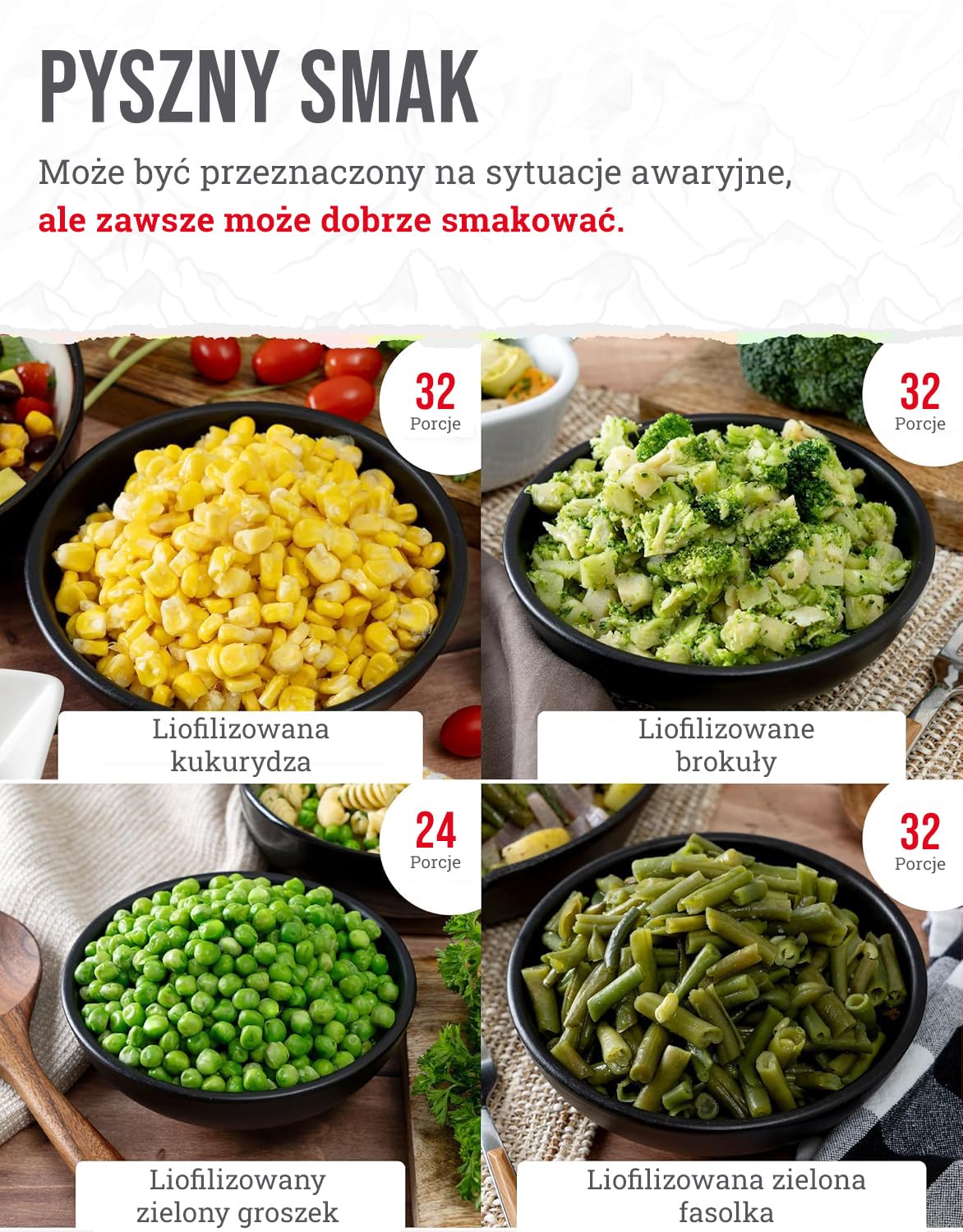 ReadyWise, 120 Porcji, Racja awaryjna, Mieszanka warzywna, Brokuły, Groszek, Fasolka szparagowa i Kukurydza, Liofilizowana, Długoterminowe zaopatrzenie w żywność, 25-letnie przechowywanie