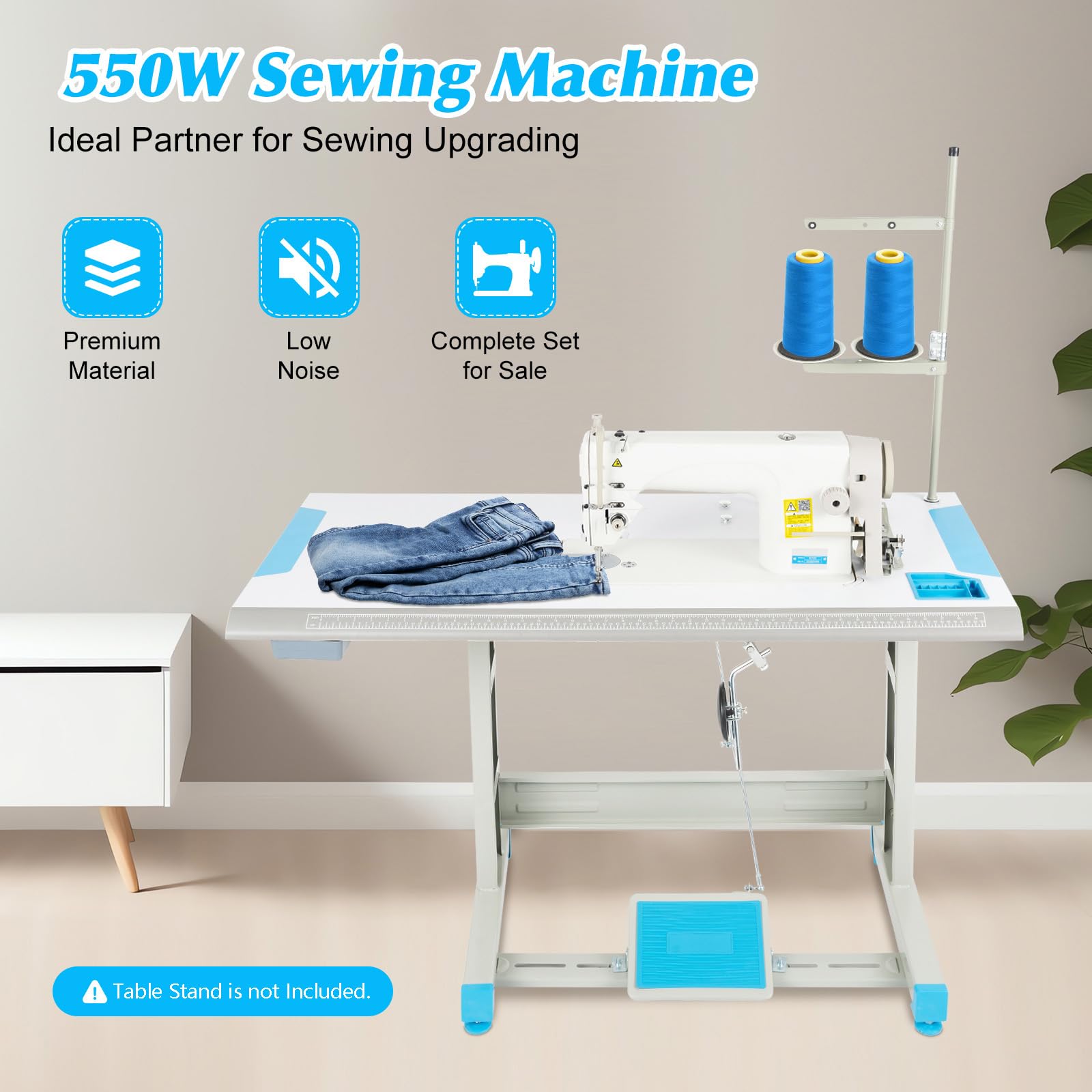 Industrial Sewing Machine with Pure Copper Motor, 110V 550W Commercial Grade Sewing Machine Low Noise, 3500 Stitches/Min (Table Stand Not Included)