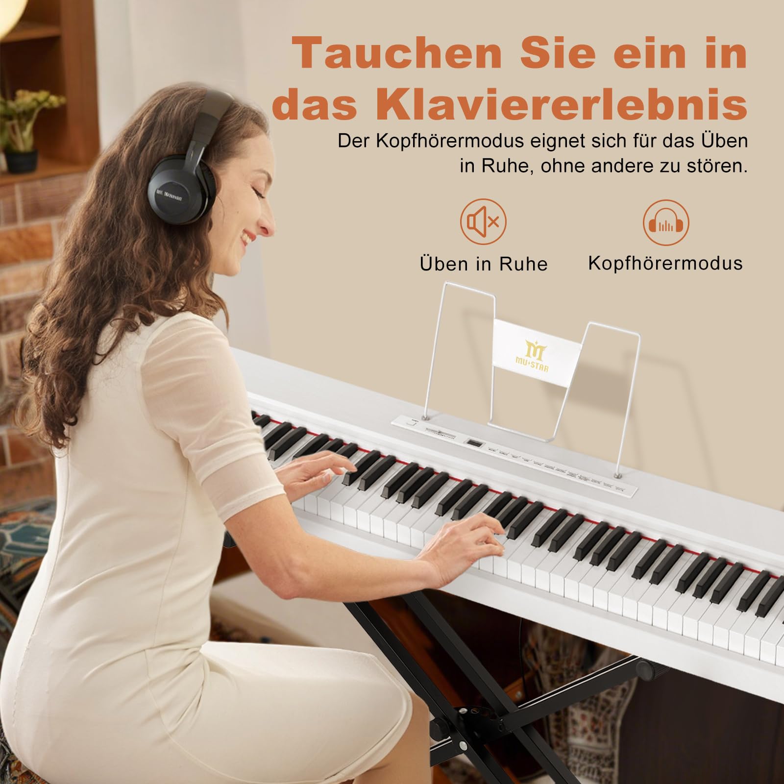 MUSTAR Digital Piano 88 Halbgewichtete Tasten mit Ständer, Volle Größe 88 Tasten Klavier für Anfänger, Tragbares E Piano, mit Kabellose Verbindung, Koffer, Sustain-Pedal, Weiß
