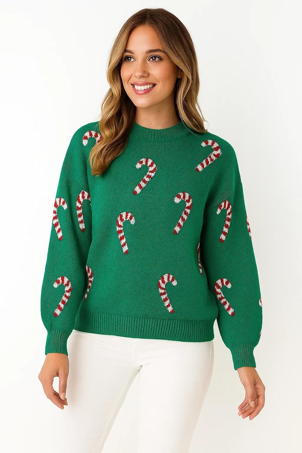 Christmas Sweater for Women Soft Drop Shoulder Pullover Crewneck Cute Candy Cane Holiday Sweater - Image 4