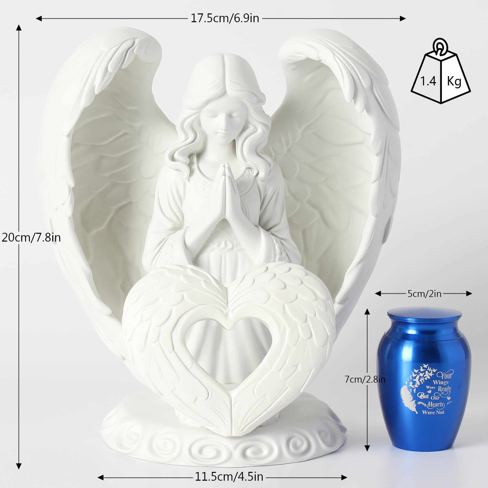 Contid - Urna per ceneri di piccole dimensioni, a forma di angelo di preghiera, mini urna per ceneri umane, mamma, papà, animale domestico, cane, gatto, in resina, con piccola urna in alluminio blu