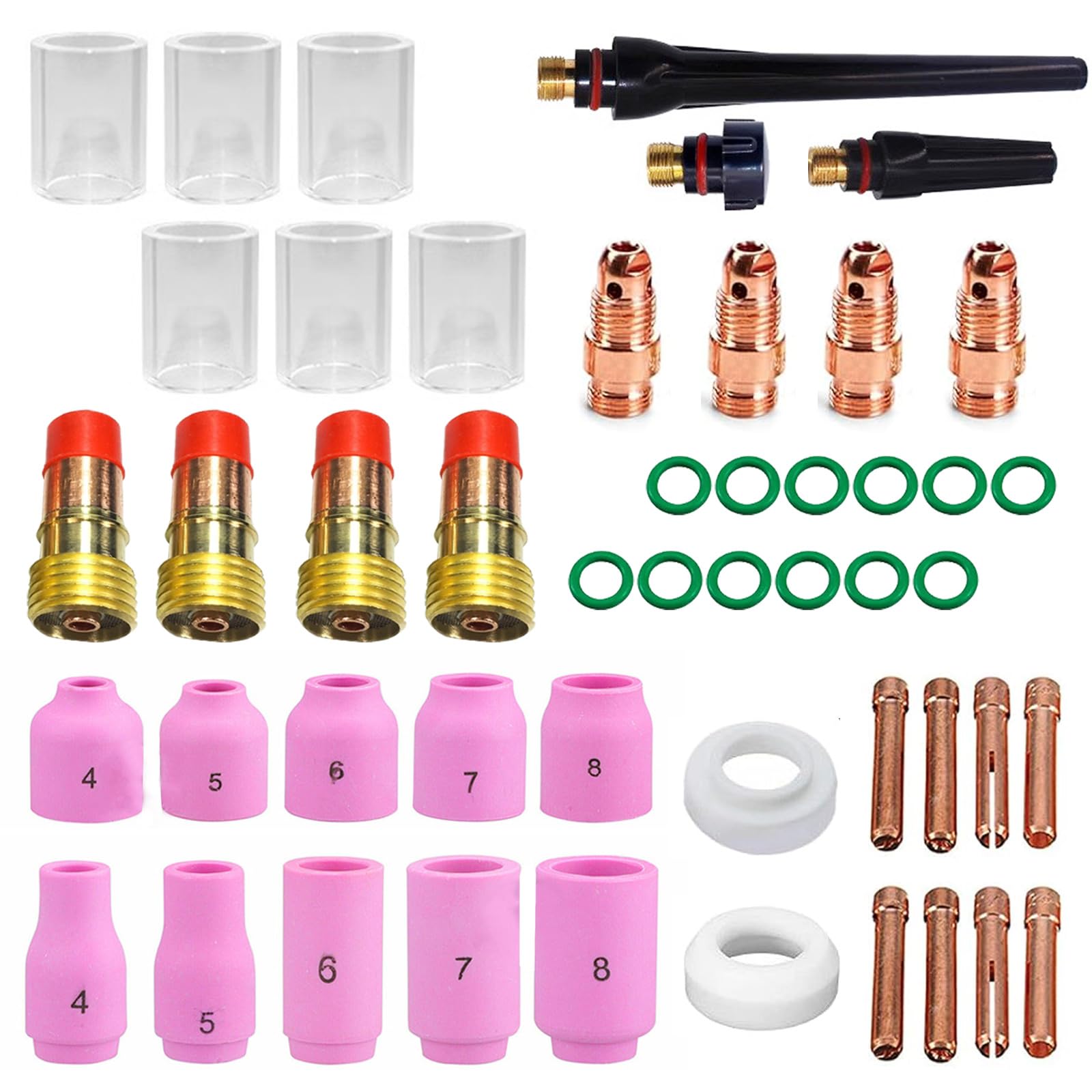 Kit de 49 piezas de accesorios de antorcha de soldadura TIG, kit de vasos de vidrio para WP-17/18/26, accesorios de soldadura, consumibles, kit de lentes de gas, tapa trasera, boquilla de pantalla de