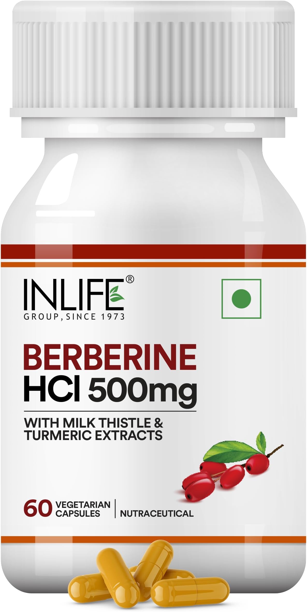 INLIFE Berberine HCL 500mg Supplements with Milk Thistle & Turmeric Extract Support for Men & Women - 60 Veg Capsules (Pack of 1, 60)