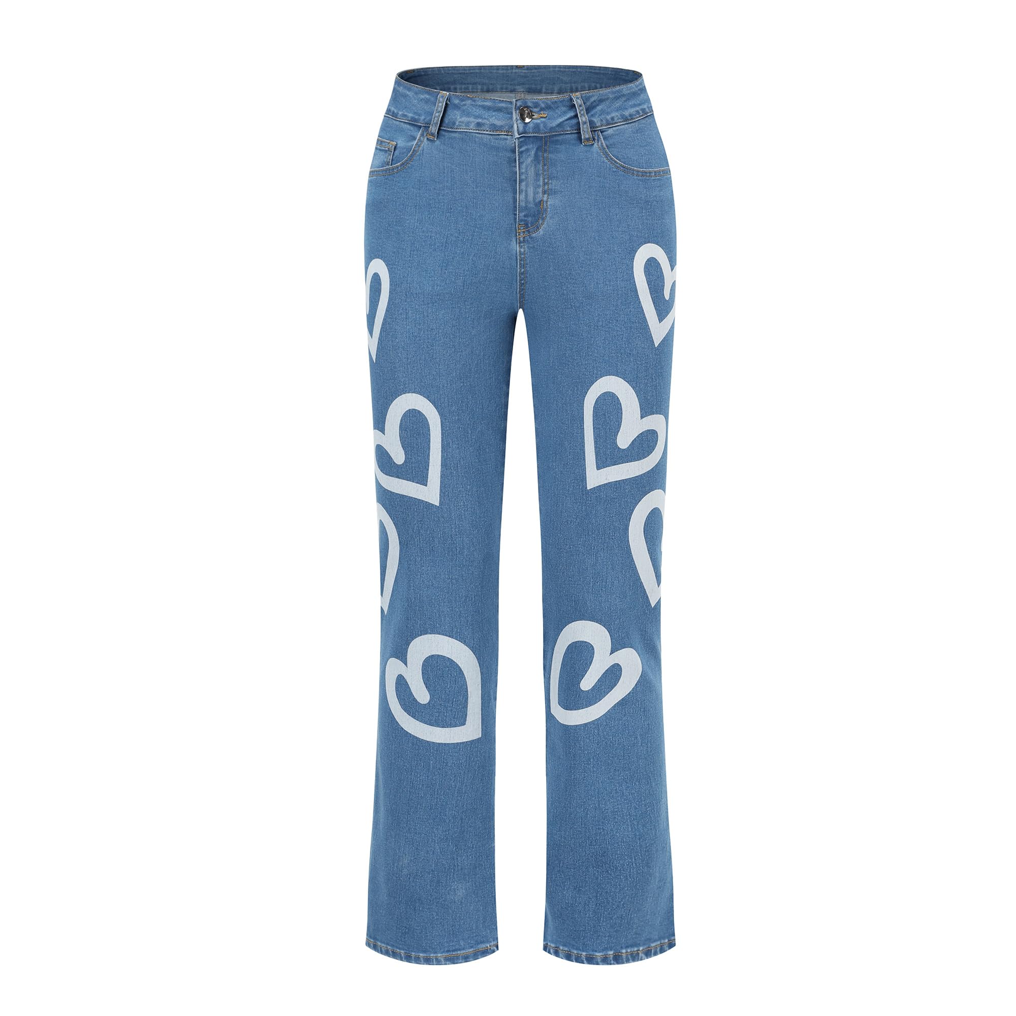 THUNDER STAR Womens Patchwork Straight Leg Jeans Mid Rise Stretch Frayed Denim Pants