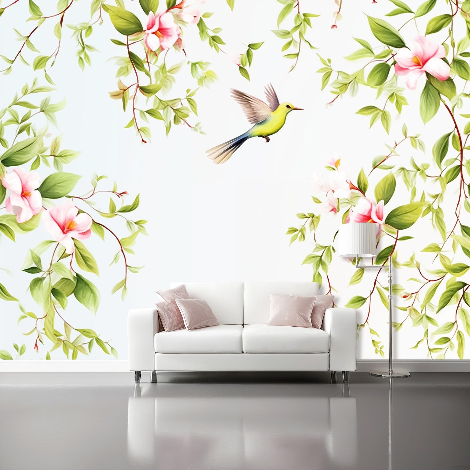 3D Wall Mural for Living Room, Large Watercolor Vines Plant Leaves Birds Photo Wallpaper, Green Non-Woven TV Backdrop Mural for Bedroom Office, DIY Home Decor, 300 x 210 cm