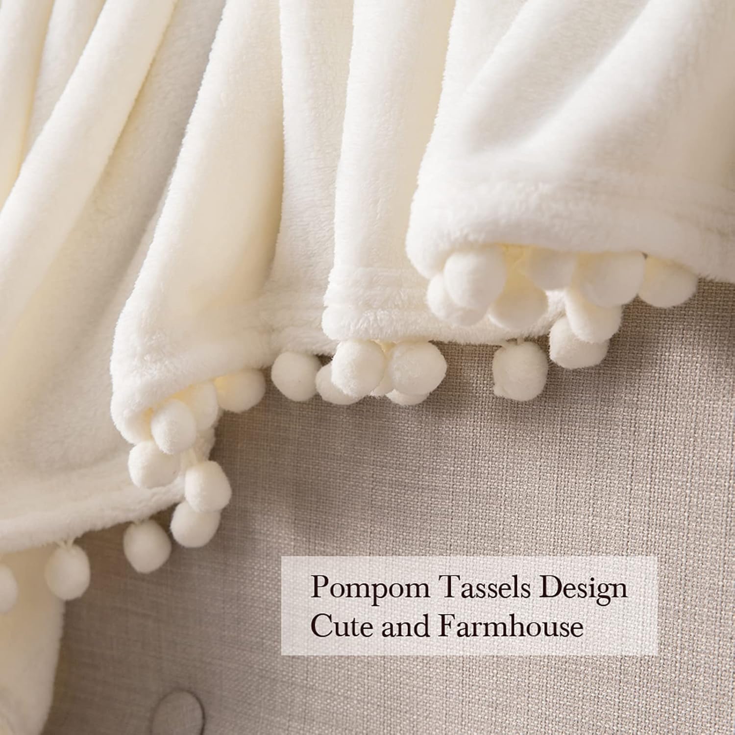 Fleece Blanket with Pompom Fringe, Soft Cozy Lightweight Flannel Bed Blanket Fuzzy Plush Warm Blanket with Boho Decorative Tassel for Couch Sofa, Throw Size 50"x60", Cream White