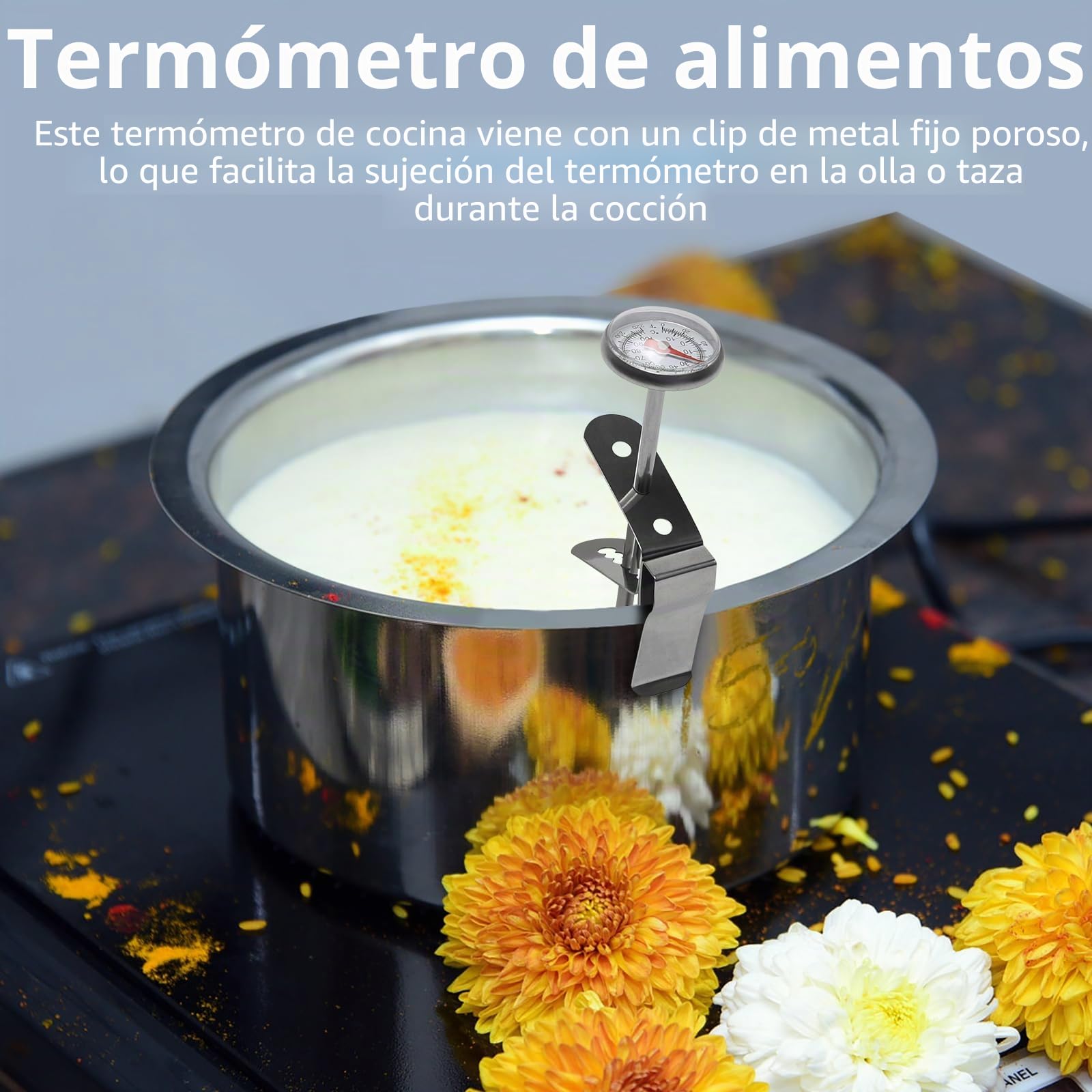 Termómetro analógico para carne de 120 cm, de acero inoxidable con sonda larga y clip, para leche Barista, asar, cocina, líquidos