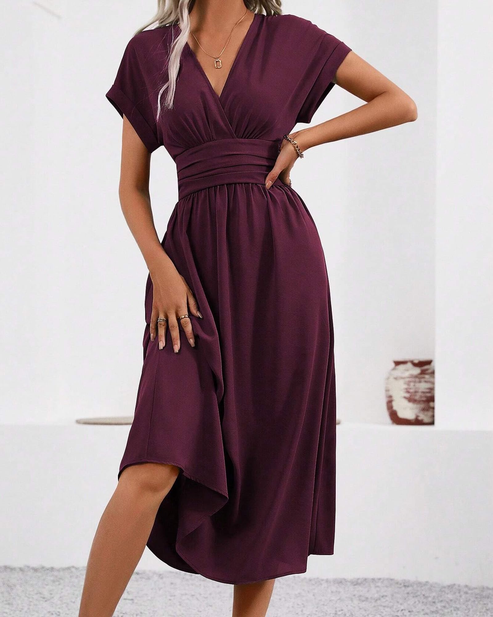 Vestido Verano Mujer Vestido Largo Elegante Vestidos Cuello en V Manga Corta Casual Verano Vestido Elástico