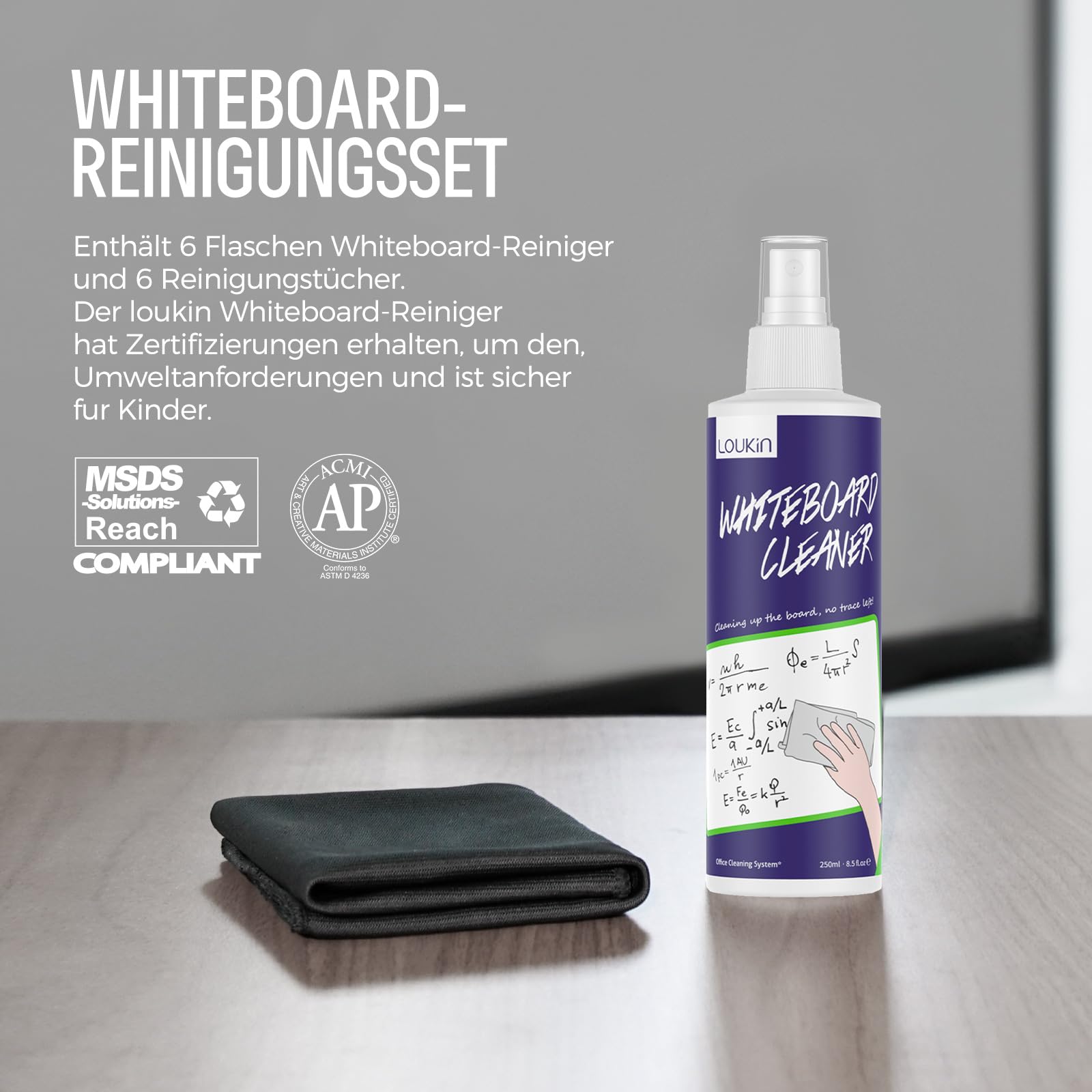 LOUKIN Ungiftiger Whiteboard-Reiniger Dry Erase Cleaner mit Tuch 6 x 250 ml | AP-zertifiziert, REACH-konform, Sanfte Formel, Geruchsarm, Effektive Reinigung, Ideal für Klassenzimmer & Büro