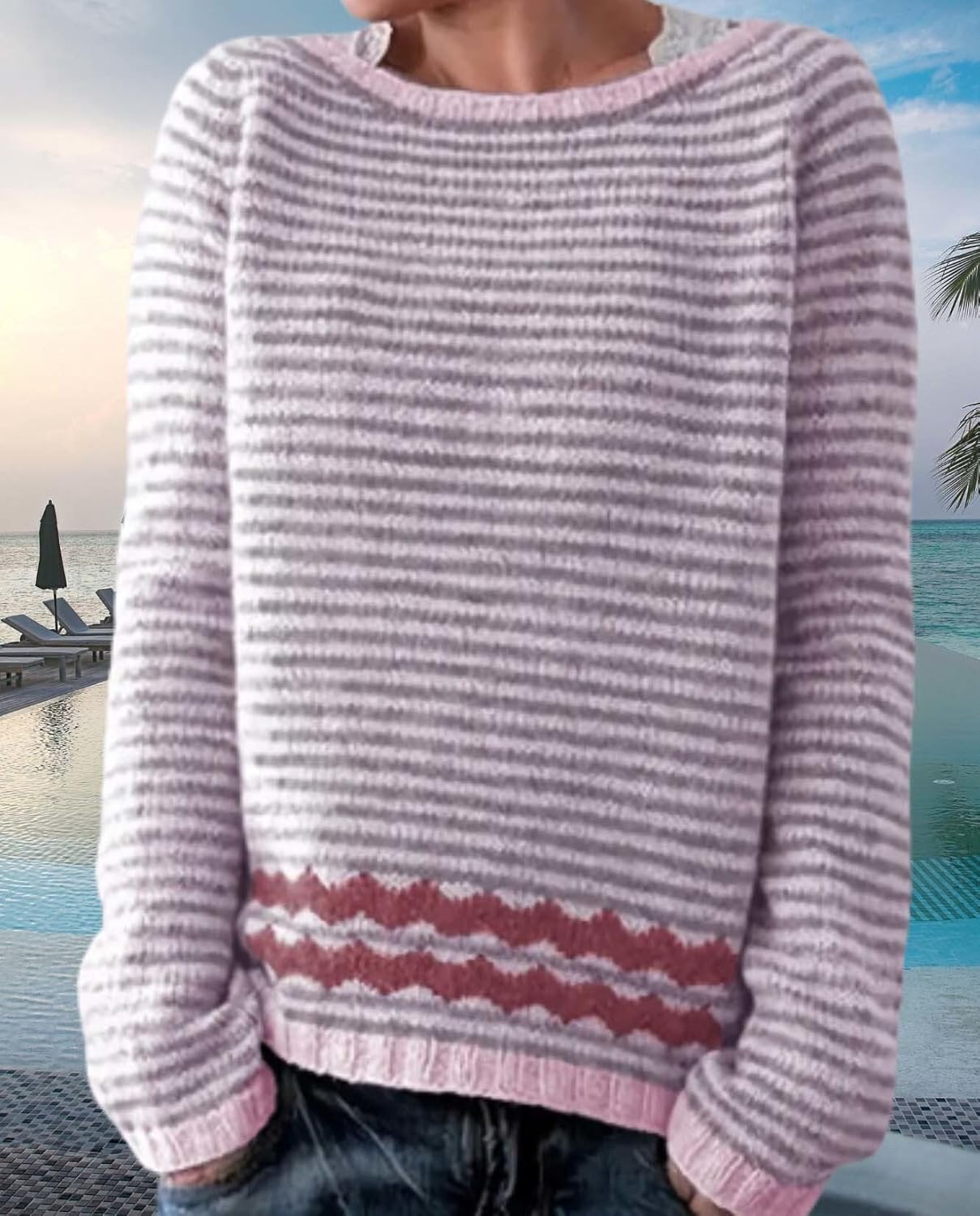 Womens Pullover Vintage Sweater Casual Loose Long Sleeve Knitted Sweater Autumn and Winter Striped Vintage Designs - Image 4