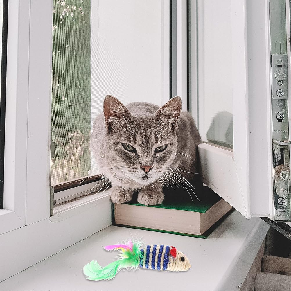 LOGOFUN 6pcs Cat Mouse Toys Sisal Mouse Shaped Toys Sisal Mice Toys with Feather Kitten Teething Toy for Pet Supplies - Pink+Blue