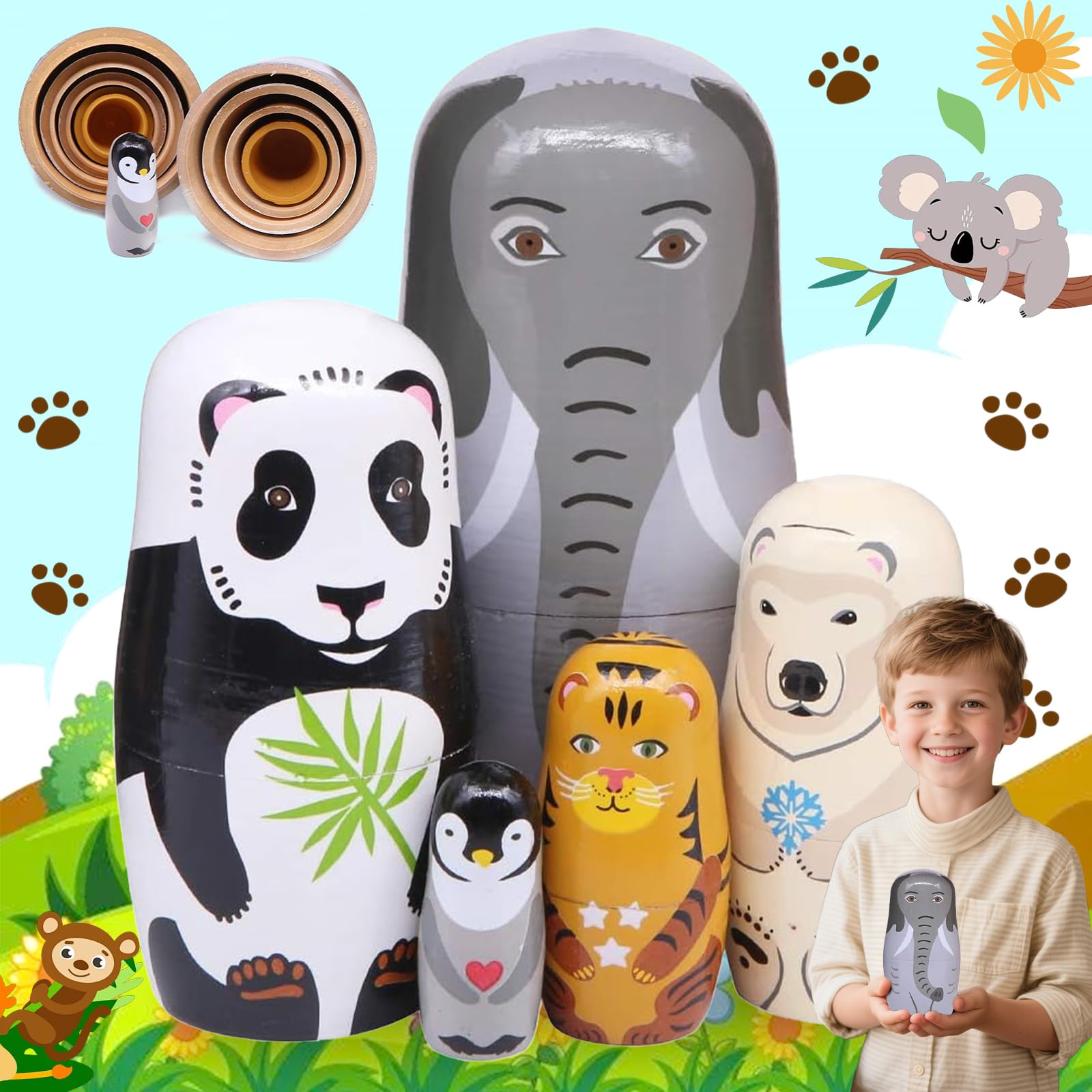 Oneroomone 5 Pieces Russian Matryoshka Dolls, Wooden Animal Nesting Dolls, Beautiful Matryoshka Dolls, Wooden Classic Russian Matryoshka, for Living Room, Festivals, Parties, Bedroom Decorations