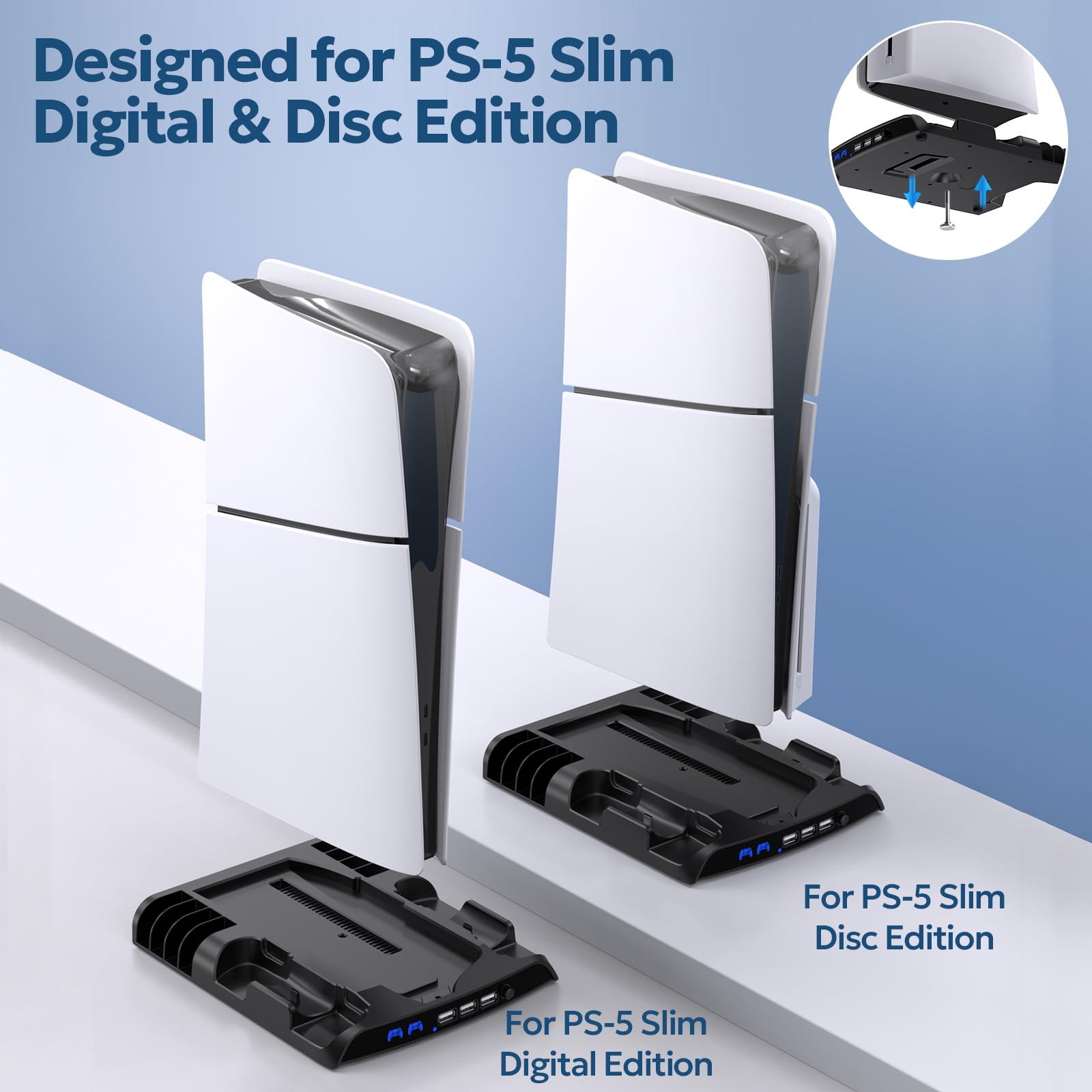innoAura Supporto di raffreddamento sottile con 2 ventole di raffreddamento e stazione di ricarica per PS-5 Slim Disc e Digital Edition, stazione di raffreddamento PS-5 Slim con 3 porte USB