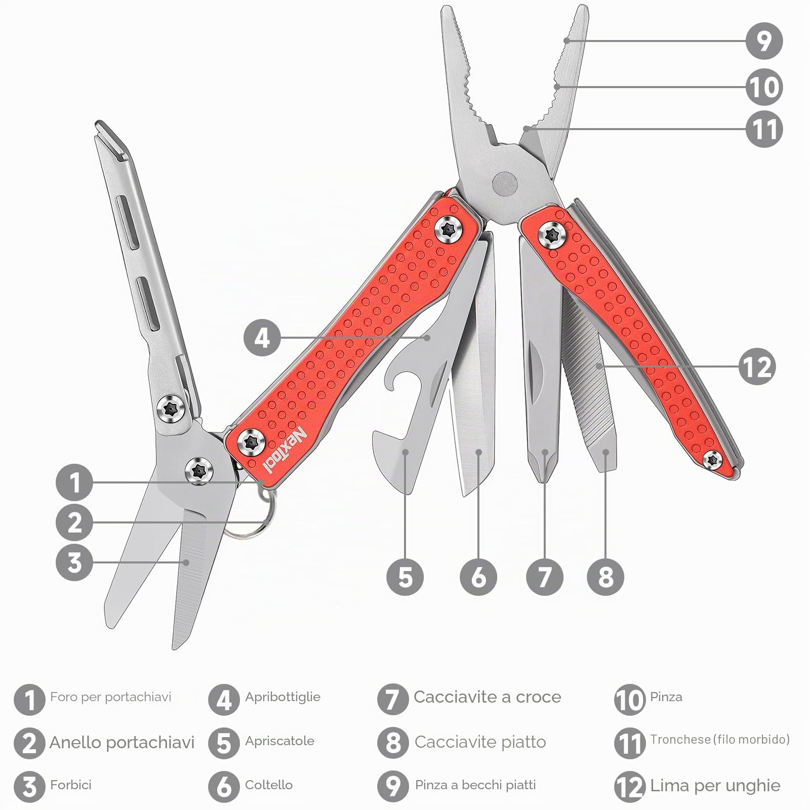 NexTool Mini Flagship Multitool, 10 In 1 Coltello Multiuso Pinza Multiuso Sattrezzo Multifunzione con Coltellino Apribottiglie Forbici Regali per la Festa del Papa, Regalo Festa del Papà-Rosso