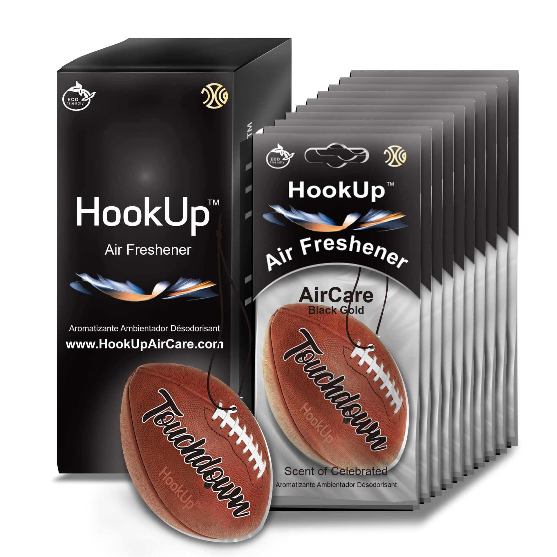 Football Car Air Freshener by HookUp - 10 Pack - Black Gold Scent (Extra Strong) | Unique Football Gift for Players, Coach, Fans | Hanging Car Accessory with Long Lasting Fresheners Smell
