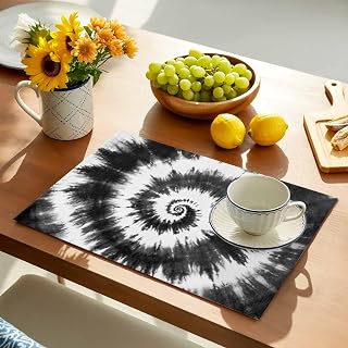 Placemats Retro Tie-dye Black White Table Mats Set of 4, Washable Heat Tolerant Abstract Watercolor Vortex Theme Placemats for Indoor Kitchen Dining, Outdoor Party Dinner,13x19IN