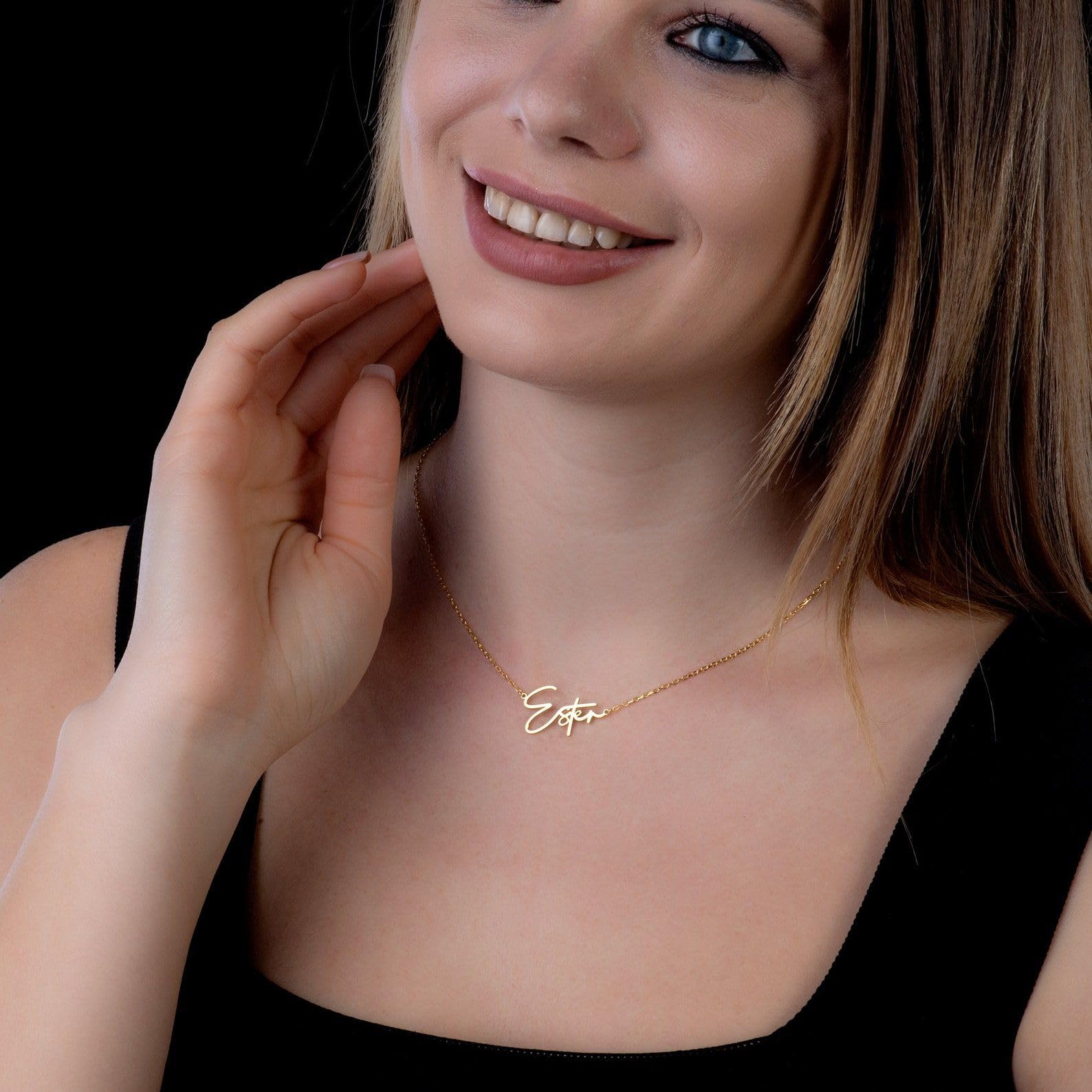 Oro su misura collana con nome, donne nome targhetta argento per fidanzata Cursive catena